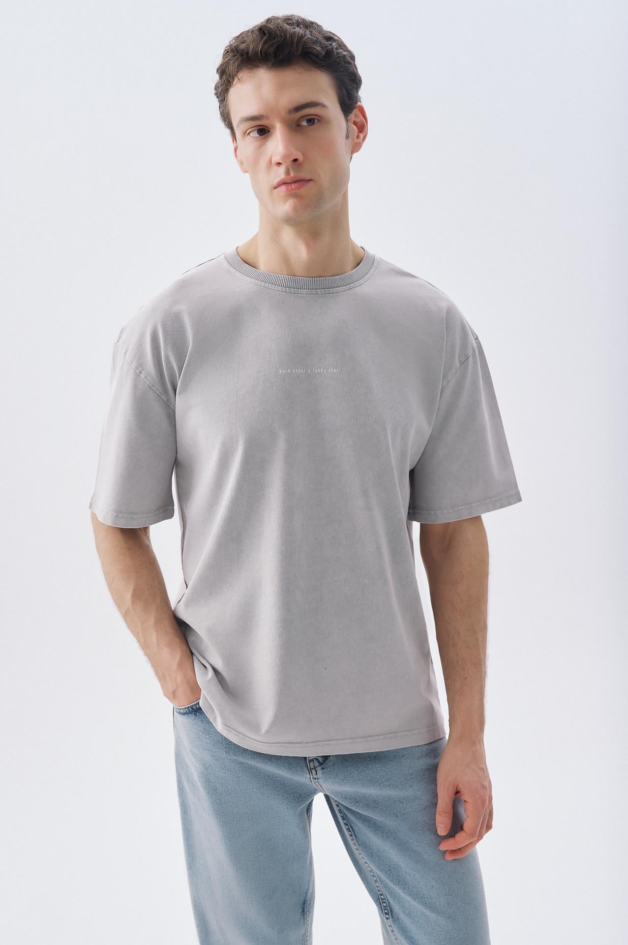 Erkek Gri Baskılı Oversize Bisiklet Yaka T-Shirt
