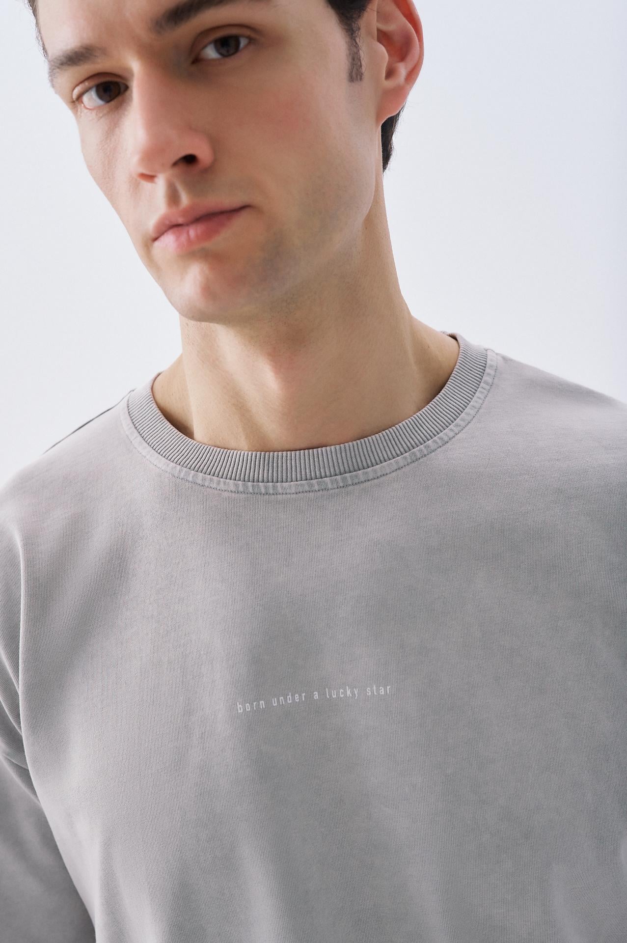 Erkek Gri Baskılı Oversize Bisiklet Yaka T-Shirt