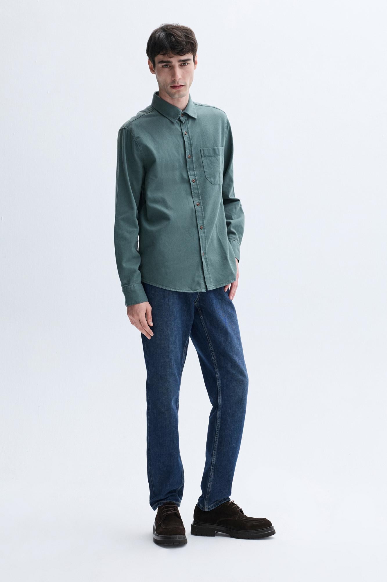 Erkek Yeşil Comfort Fit Casual Uzun Kollu Gömlek
