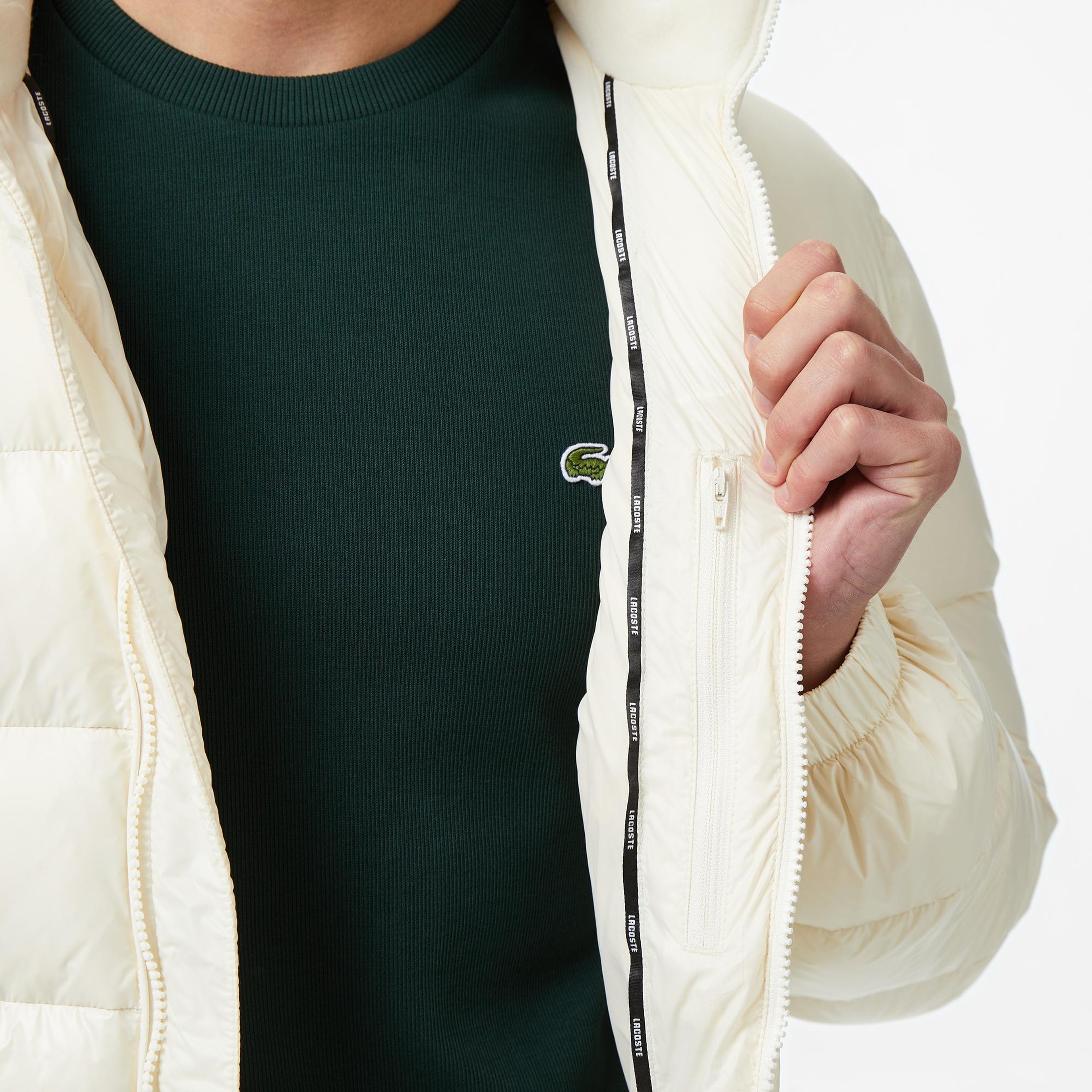 Lacoste Erkek Relaxed Fit Kapüşonlu Beyaz Mont