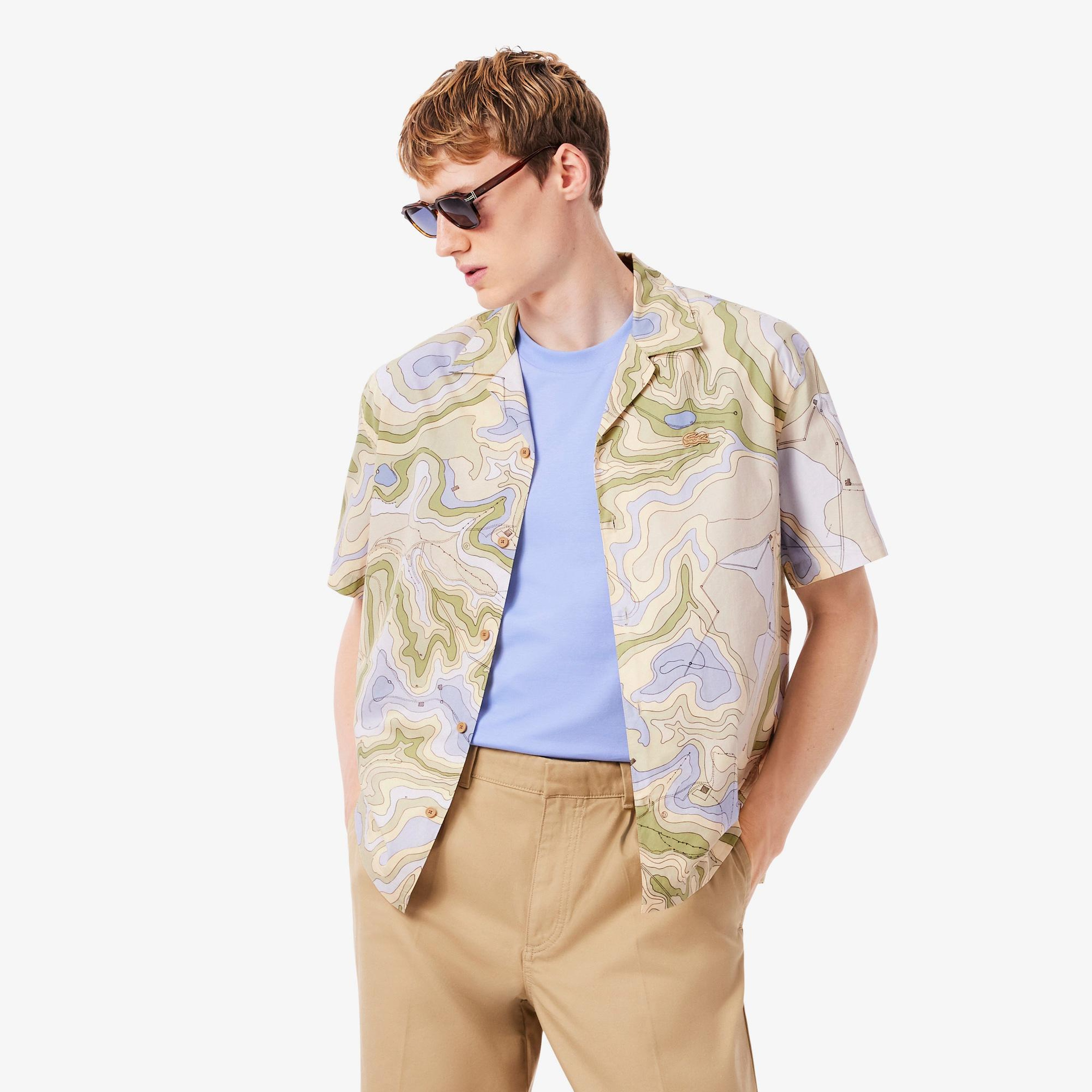 Erkek Relaxed Fit Kısa Kollu Desenli Bej Gömlek