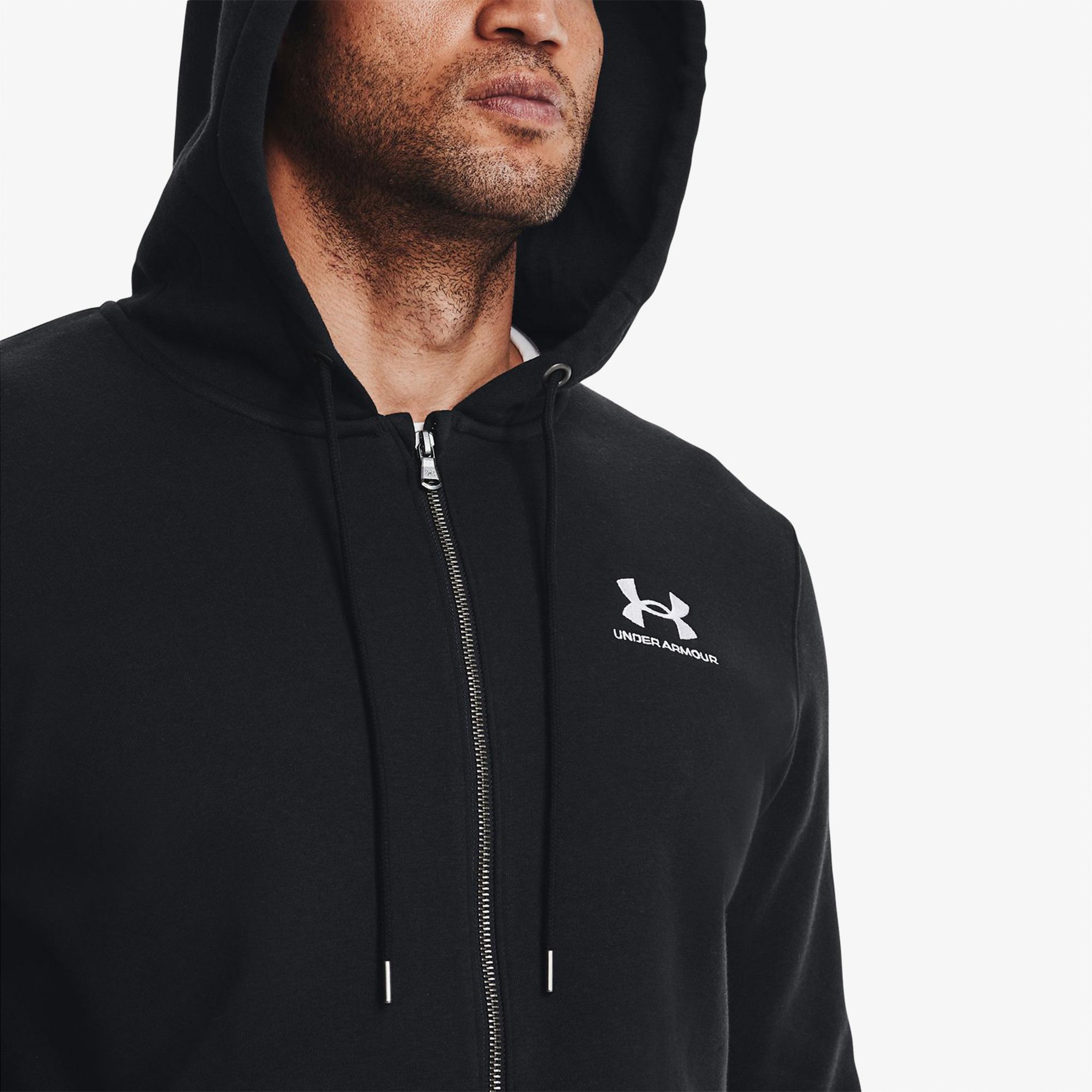 Under Armour Essential Fleece Tam Boy Erkek Siyah Fermuarlı Kapüşonlu Üst