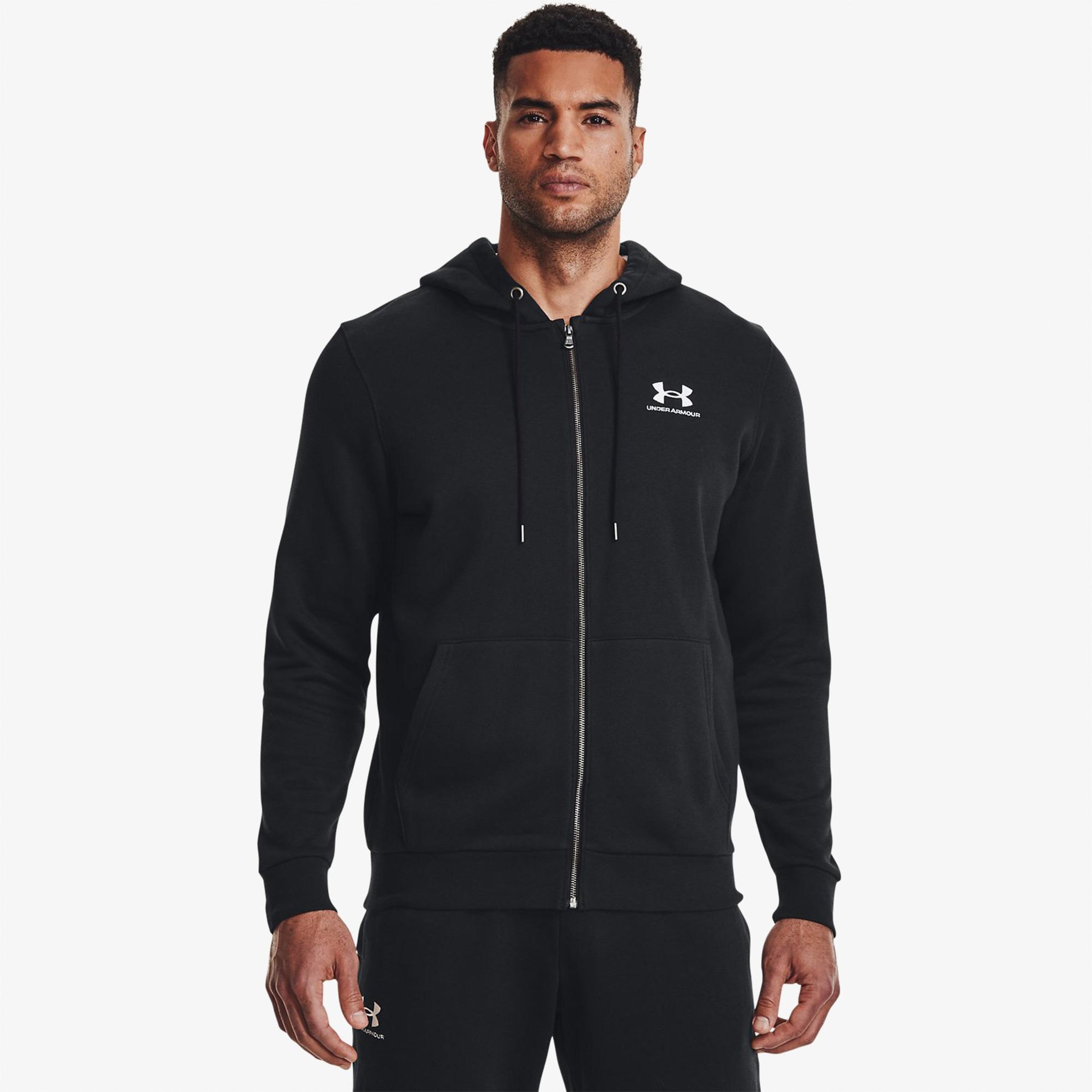 Under Armour Essential Fleece Tam Boy Erkek Siyah Fermuarlı Kapüşonlu Üst