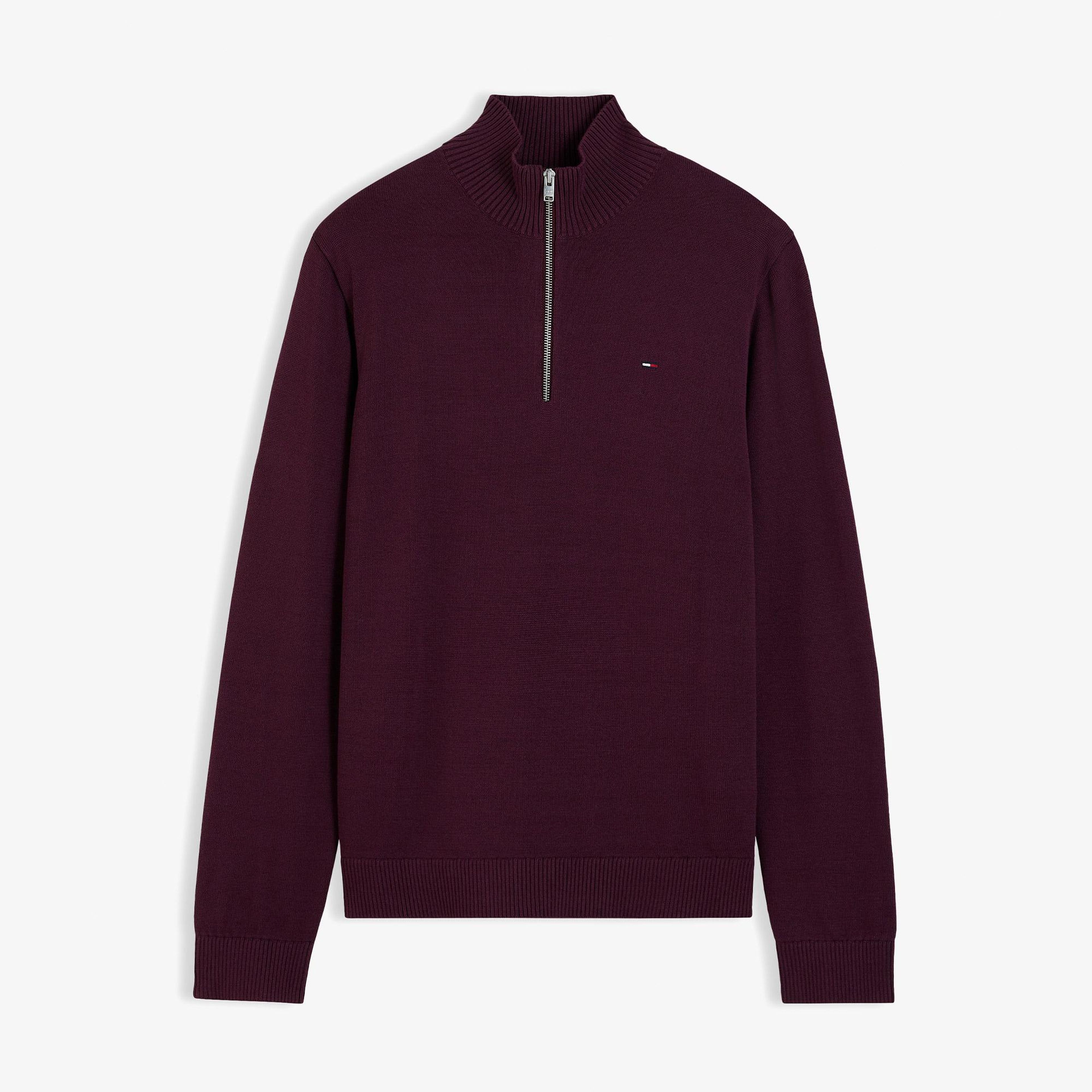 Tommy Hilfiger Essential Light ¼ Zip Erkek Bordo Triko