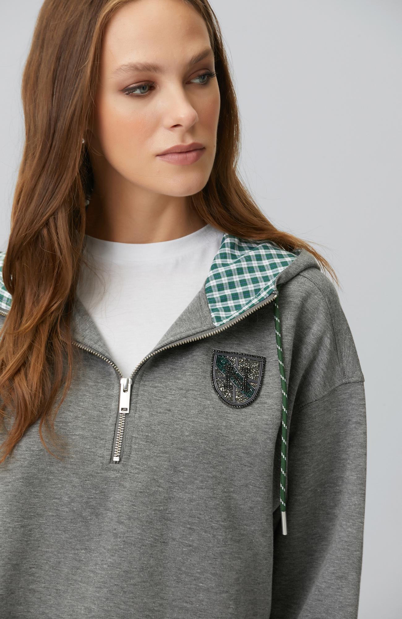 Network Kadın Antrasit Melanj Ekose Garni Detaylı Sweatshirt