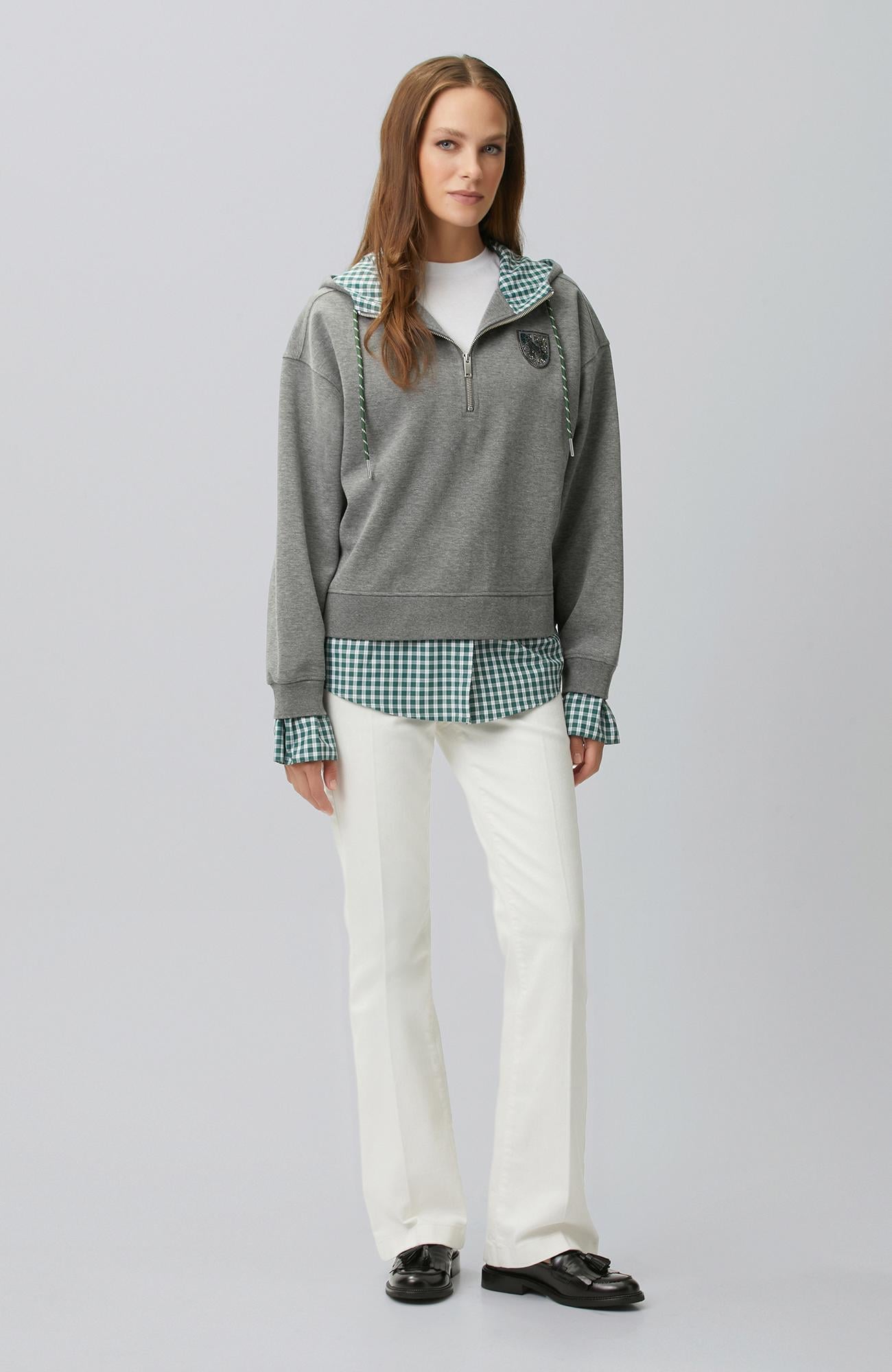 Network Kadın Antrasit Melanj Ekose Garni Detaylı Sweatshirt