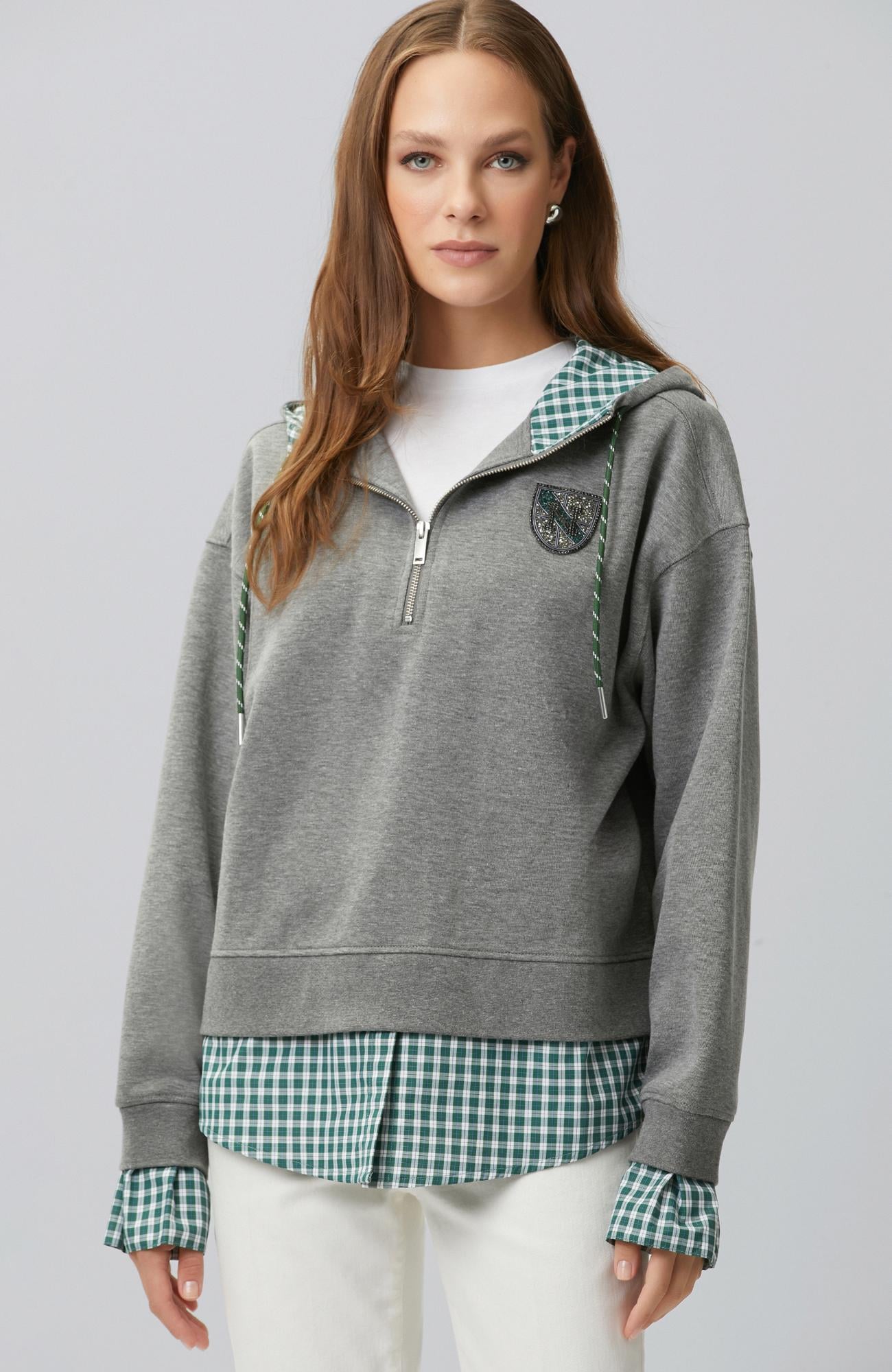Network Kadın Antrasit Melanj Ekose Garni Detaylı Sweatshirt