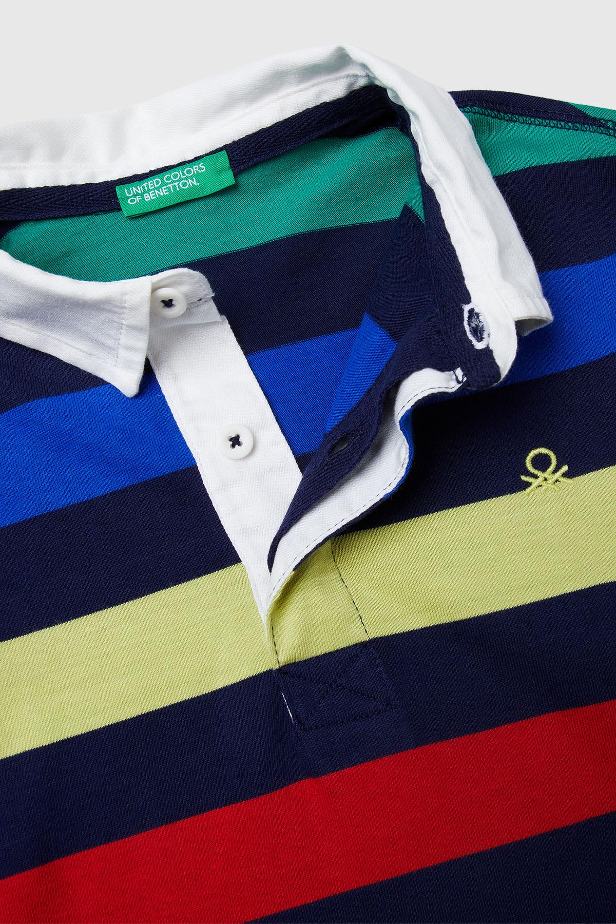 Erkek Çocuk Siyah Mix Çizgili Logolu Yırtmaç Detaylı Uzun Kollu Polo T-shirt