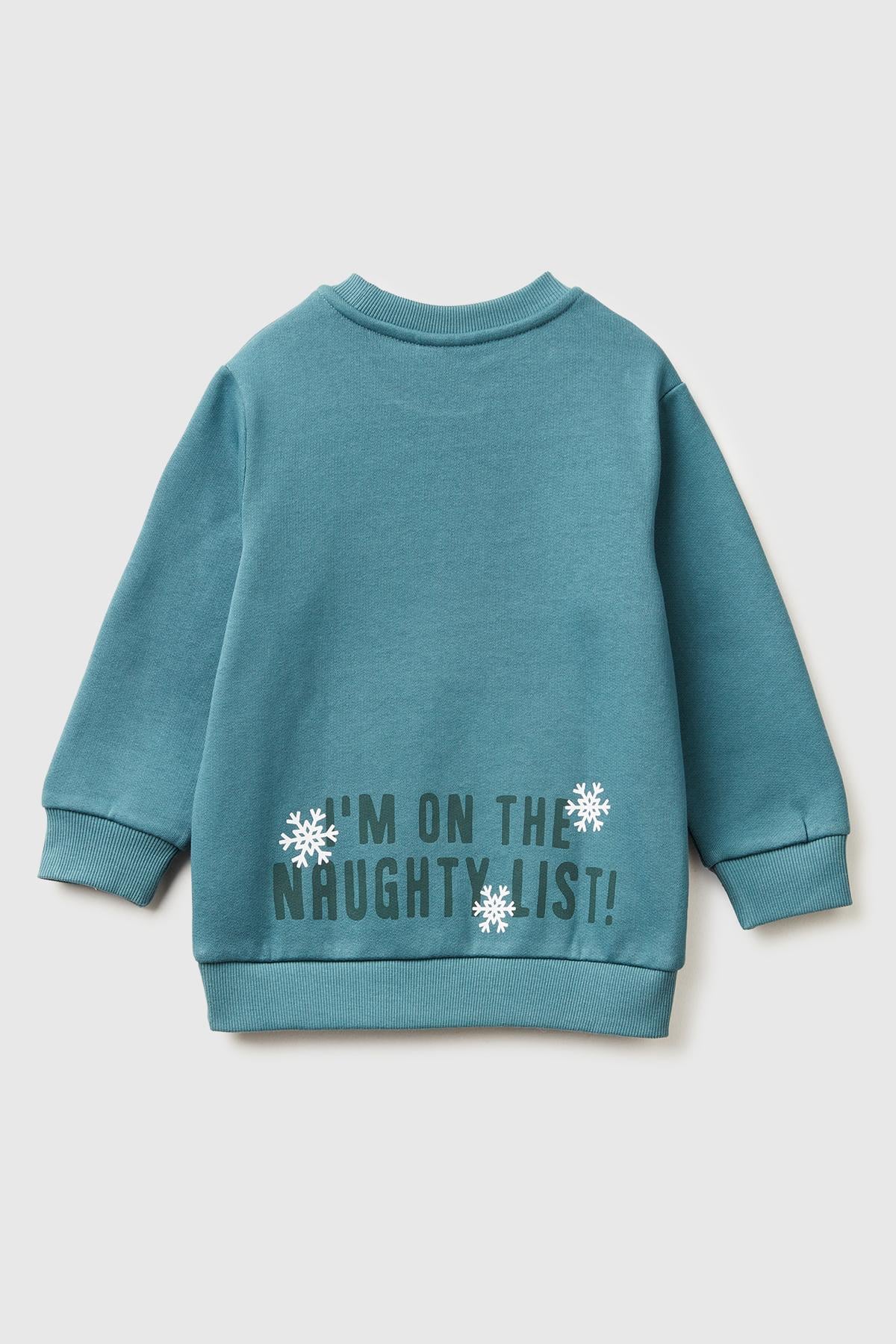 Erkek Çocuk Gri-Yeşil Tazmanya Baskılı Logo Etiketli Bisiklet Yaka Şardonlu Sweatshirt