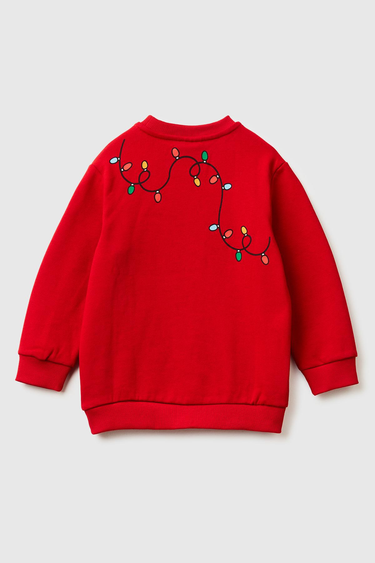 Erkek Çocuk Kırmızı Tazmanya Baskılı Logo Etiketli Bisiklet Yaka Şardonlu Sweatshirt