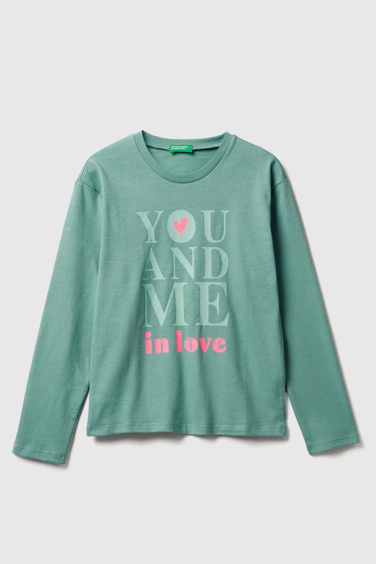 Kız Çocuk Gri-Yeşil Önü Baskılı Ribana Yakalı Relaxed Fit Uzun Kollu T-shirt