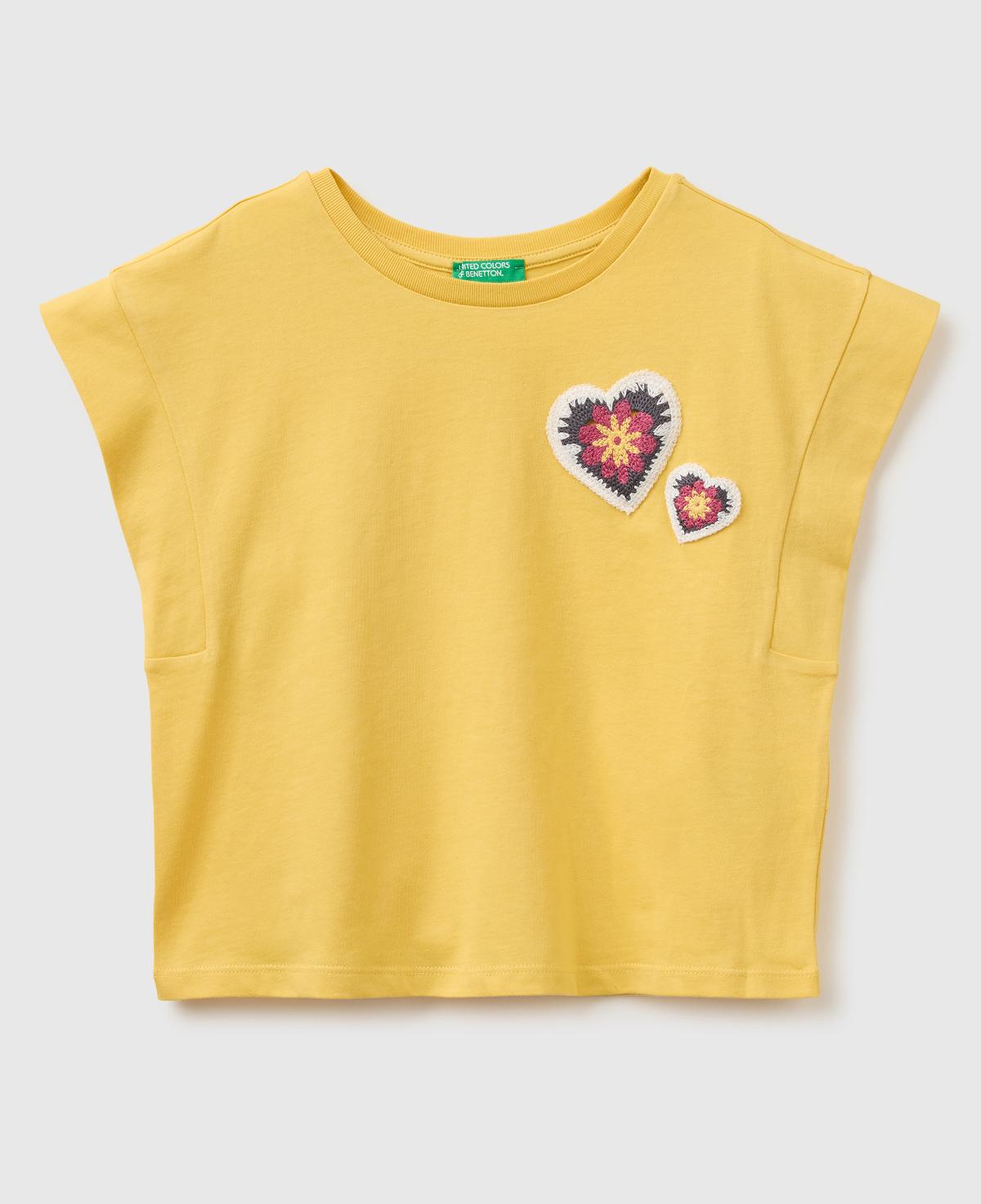 Kız Çocuk Hardal Sarısı Yama İşleme Detaylı Kolsuz T-Shirt