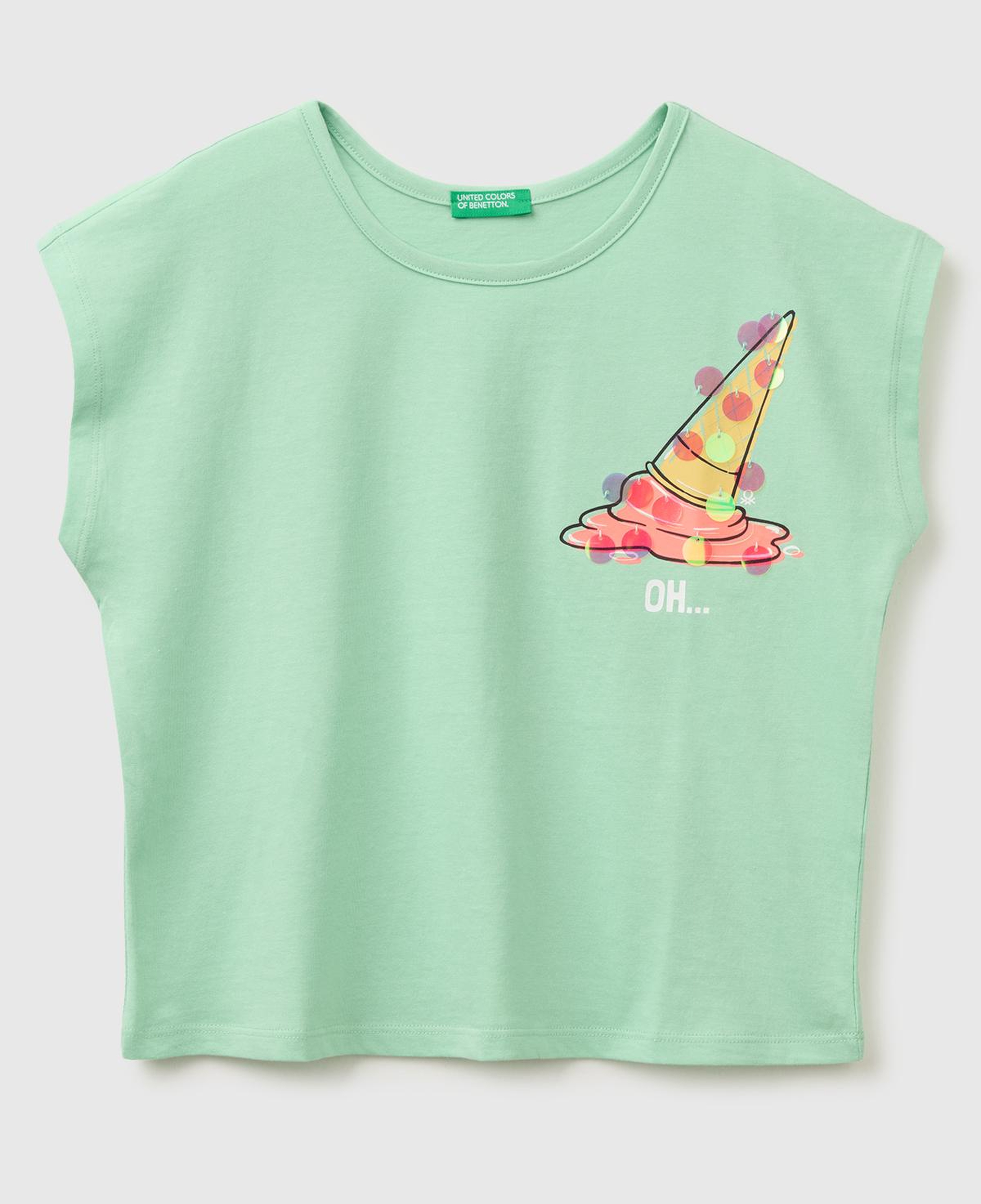 Kız Çocuk Yeşil Pul Baskı Detaylı Bisiklet Yaka T-Shirt