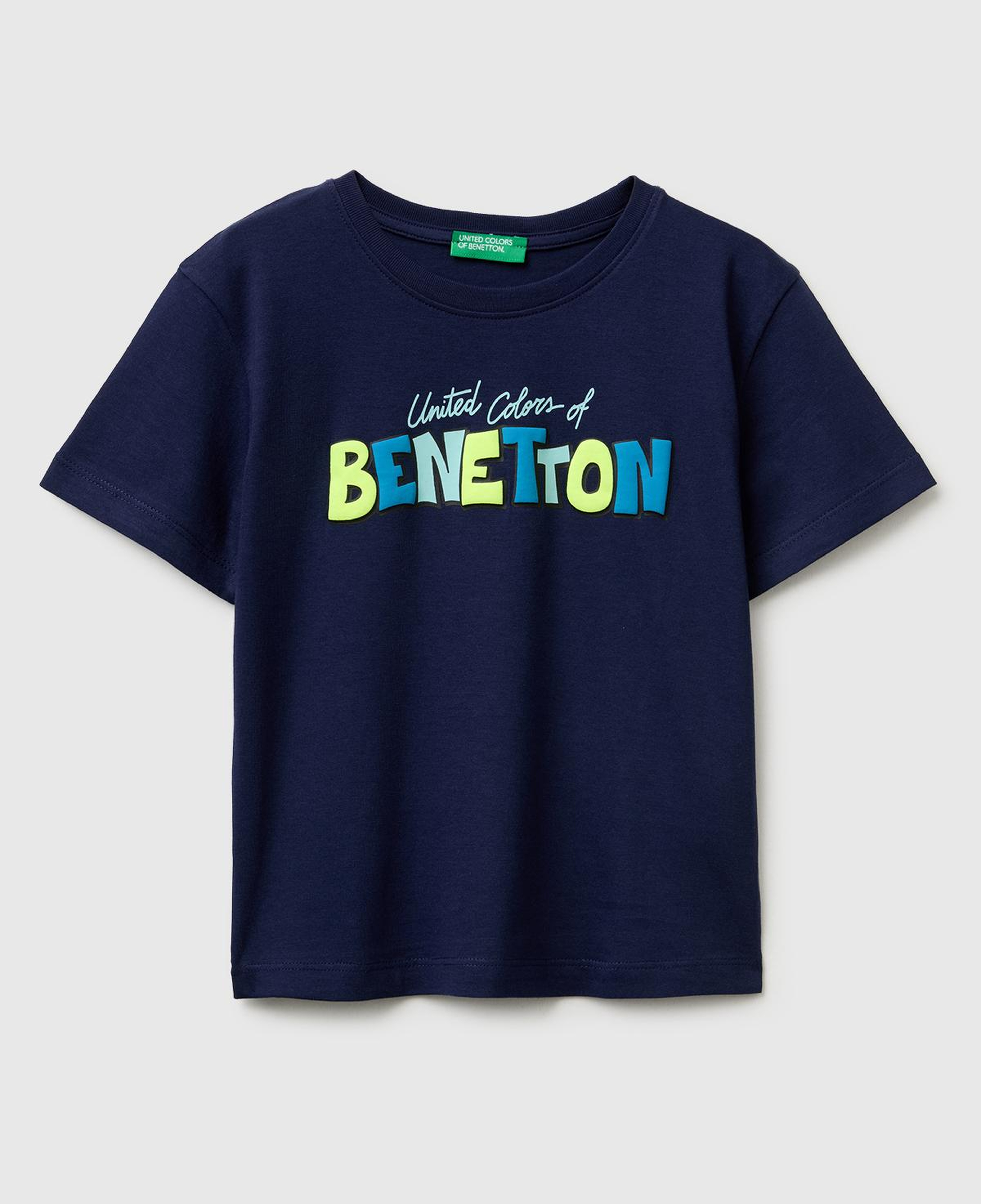Erkek Çocuk Lacivert Önü Su Geçirmez Baskı Detaylı Bisiklet Yaka T-Shirt