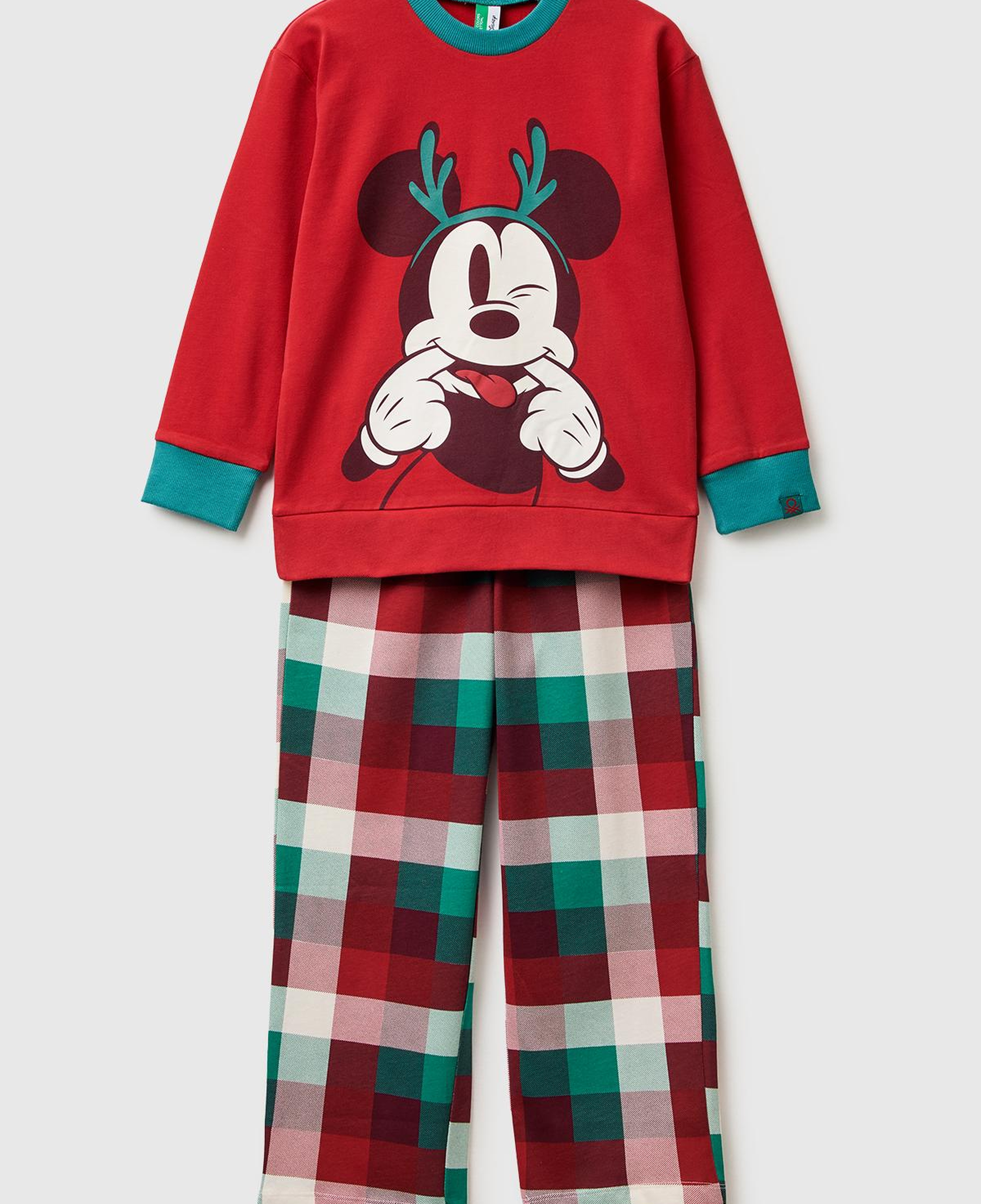 Erkek Çocuk Kırmızı Üstü Disney Baskılı Altı Kare Desenli Pijama Takımı