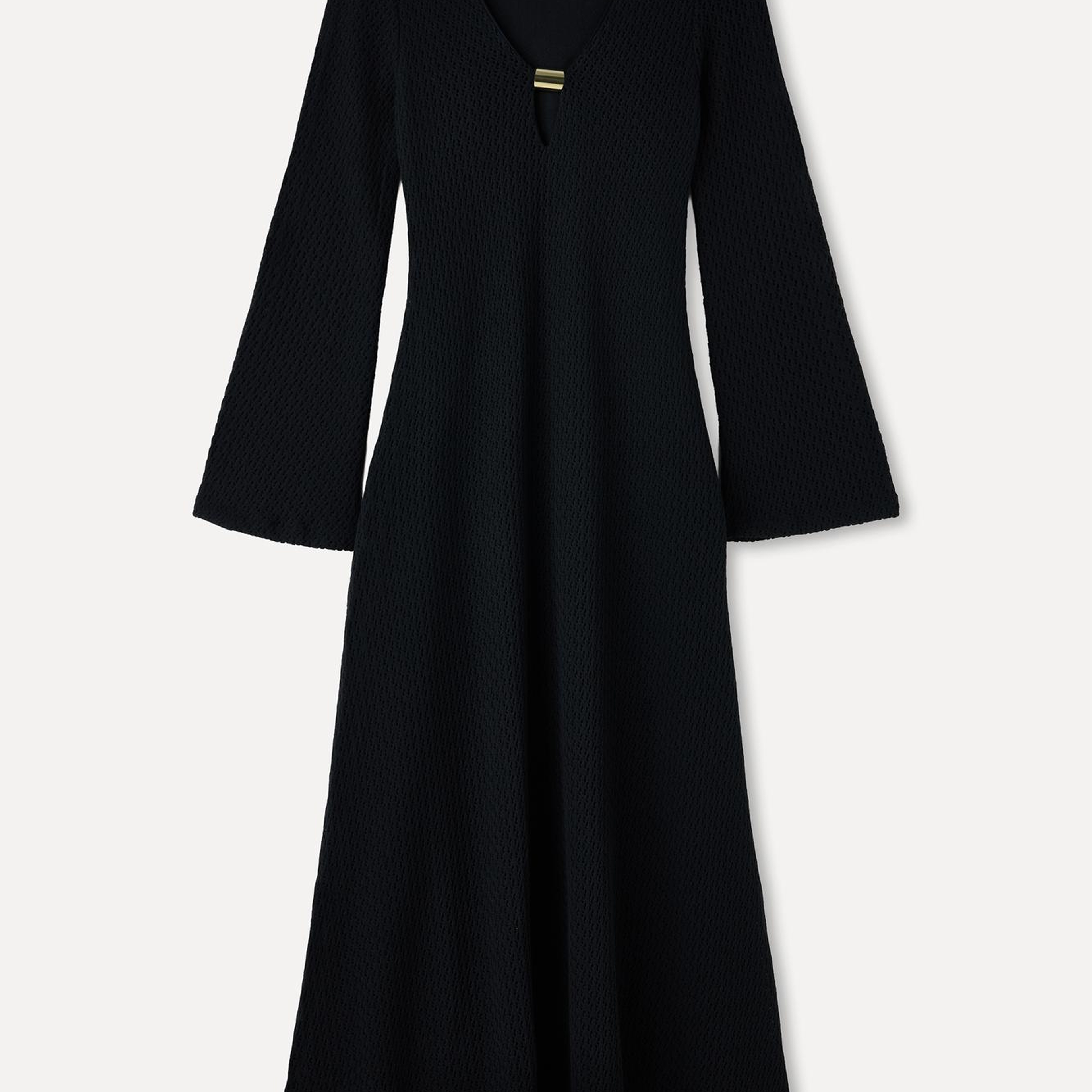 Kadın Siyah Fitted V Yaka Uzun Kollu Midi Elbise