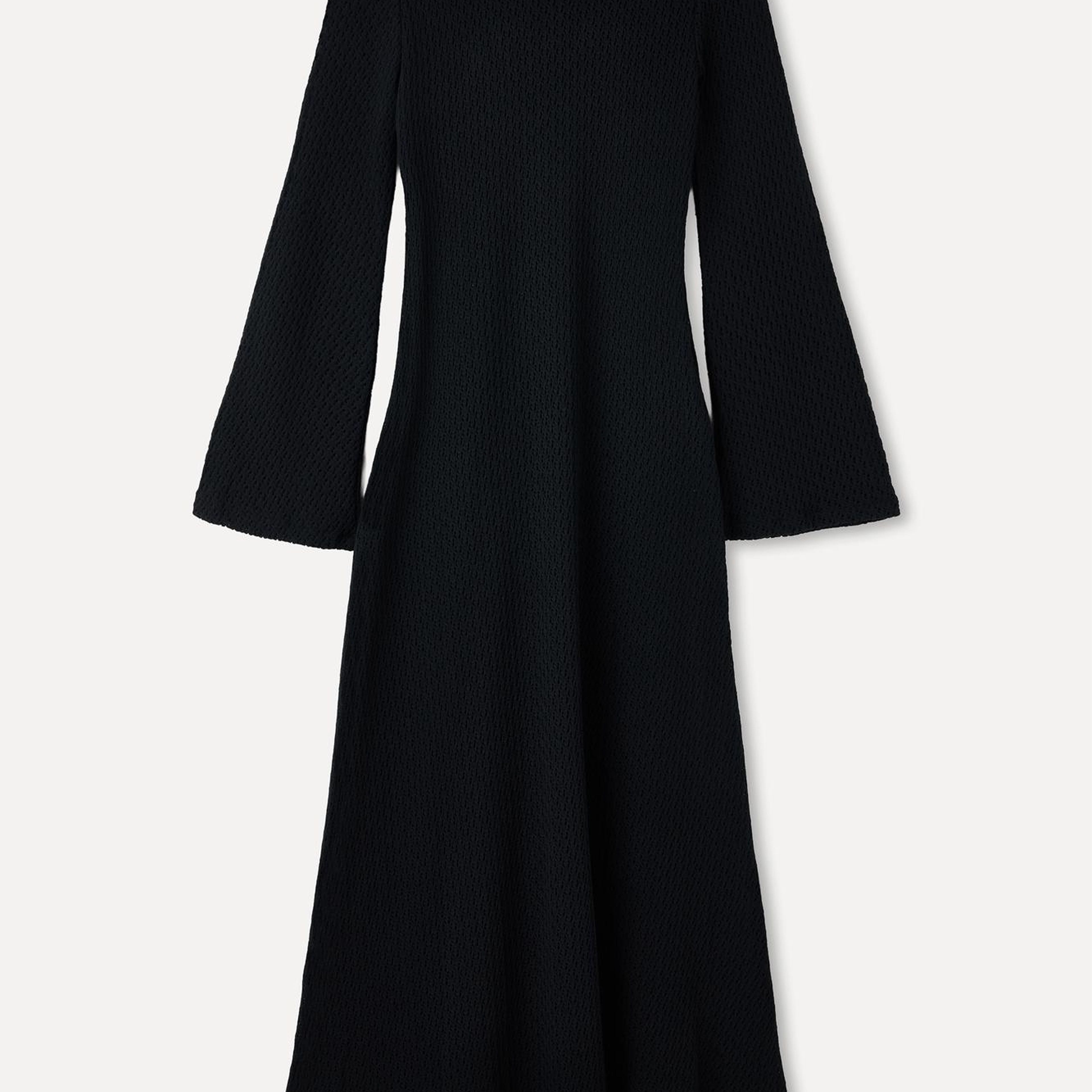 Kadın Siyah Fitted V Yaka Uzun Kollu Midi Elbise