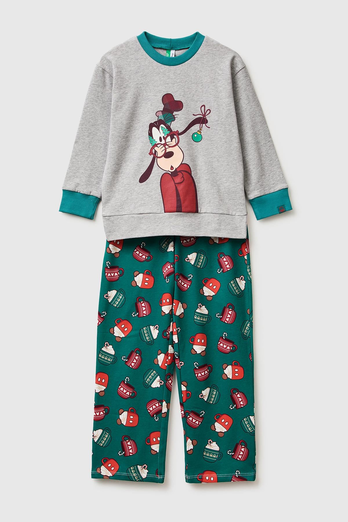 Erkek Çocuk Gri Melanj Üstü Disney Baskılı Altı Kare Desenli Pijama Takımı