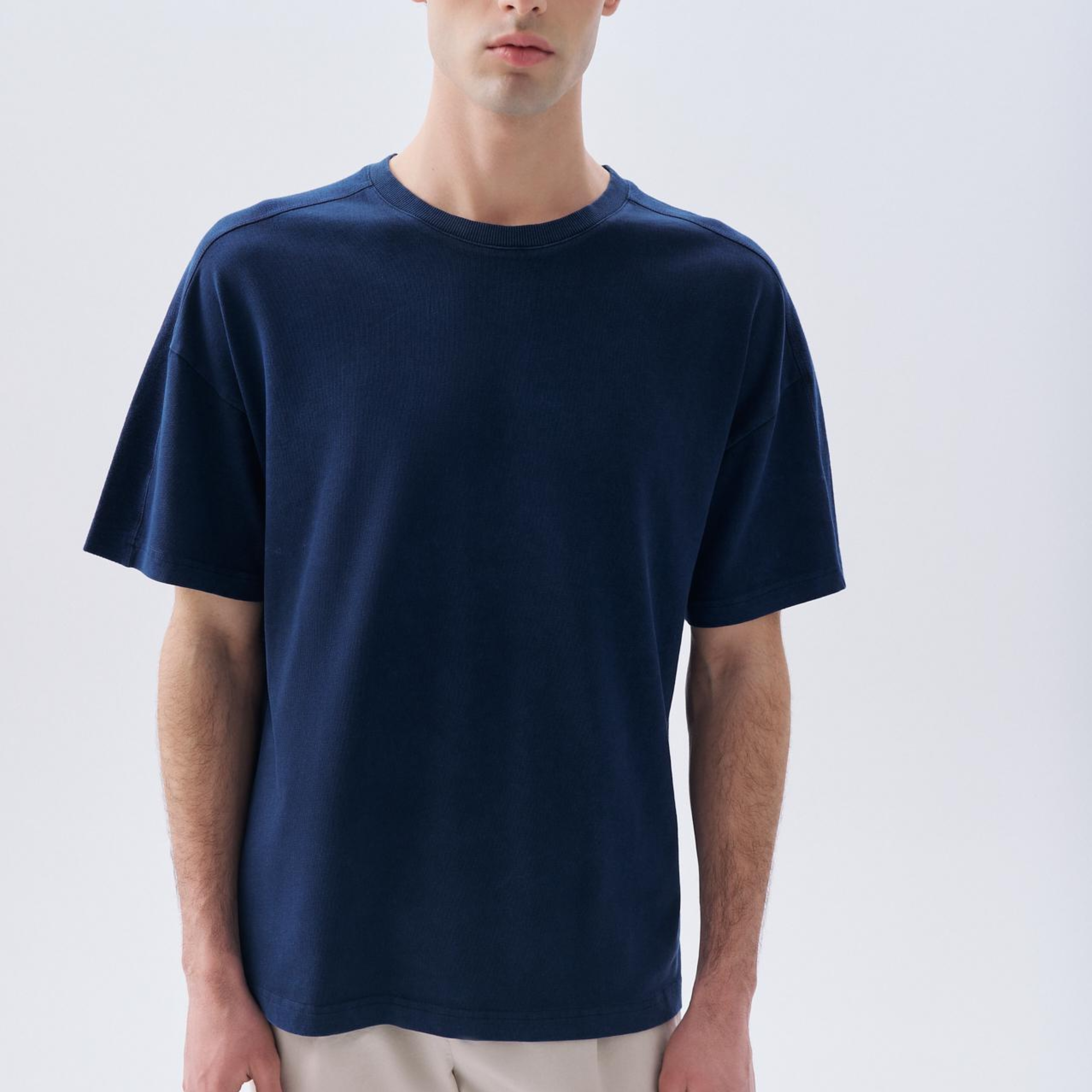 Erkek Lacivert Oversize Bisiklet Yaka T-Shirt