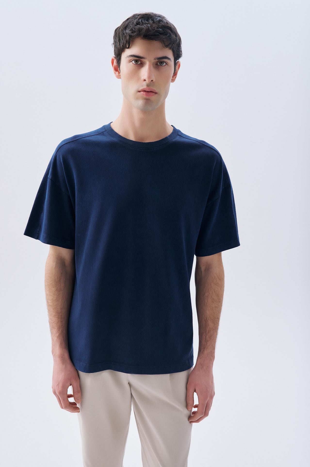 Erkek Lacivert Oversize Bisiklet Yaka T-Shirt