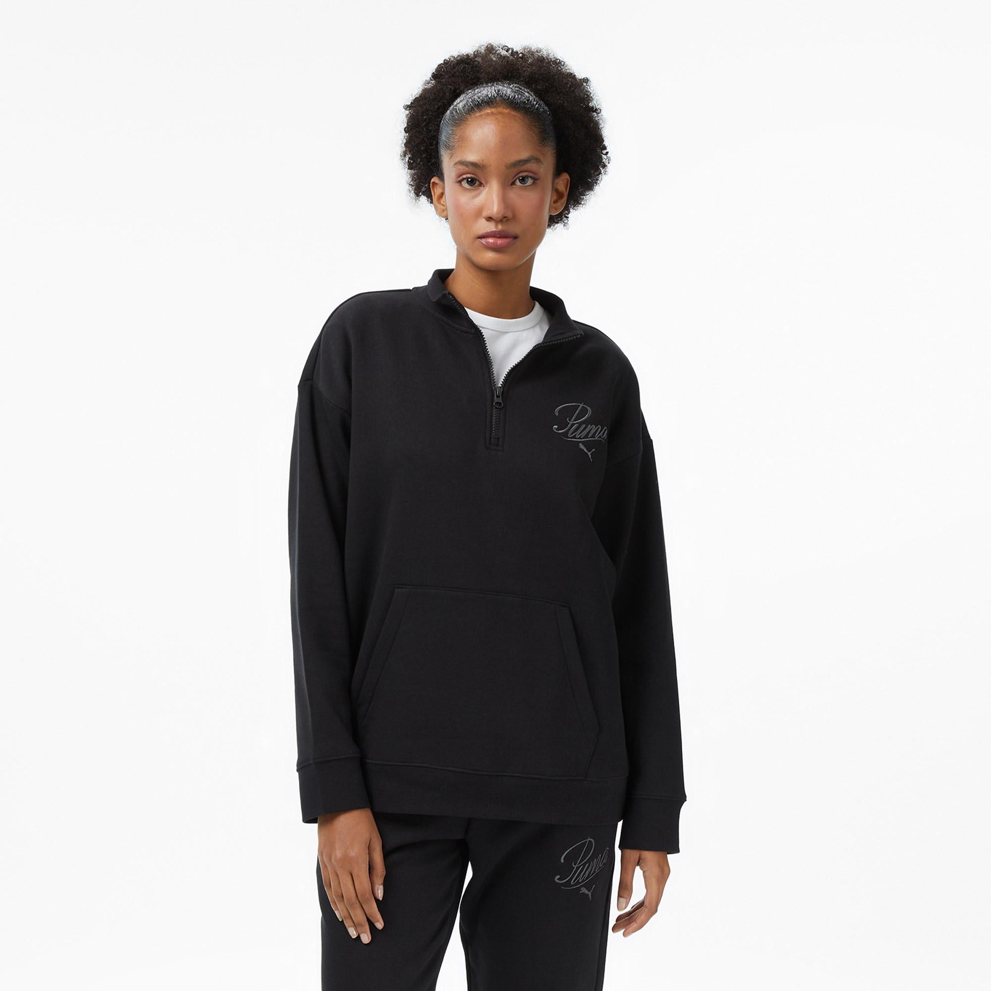 Puma Ess Scrıpt Half-Zip Crew Kadın Siyah Sweatshirt
