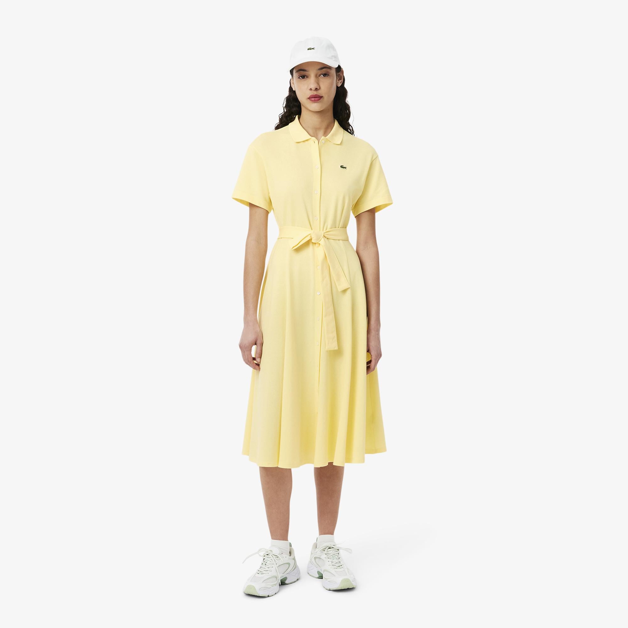 Kadın Flare Fit Kısa Kollu Polo Yaka Sarı Elbise