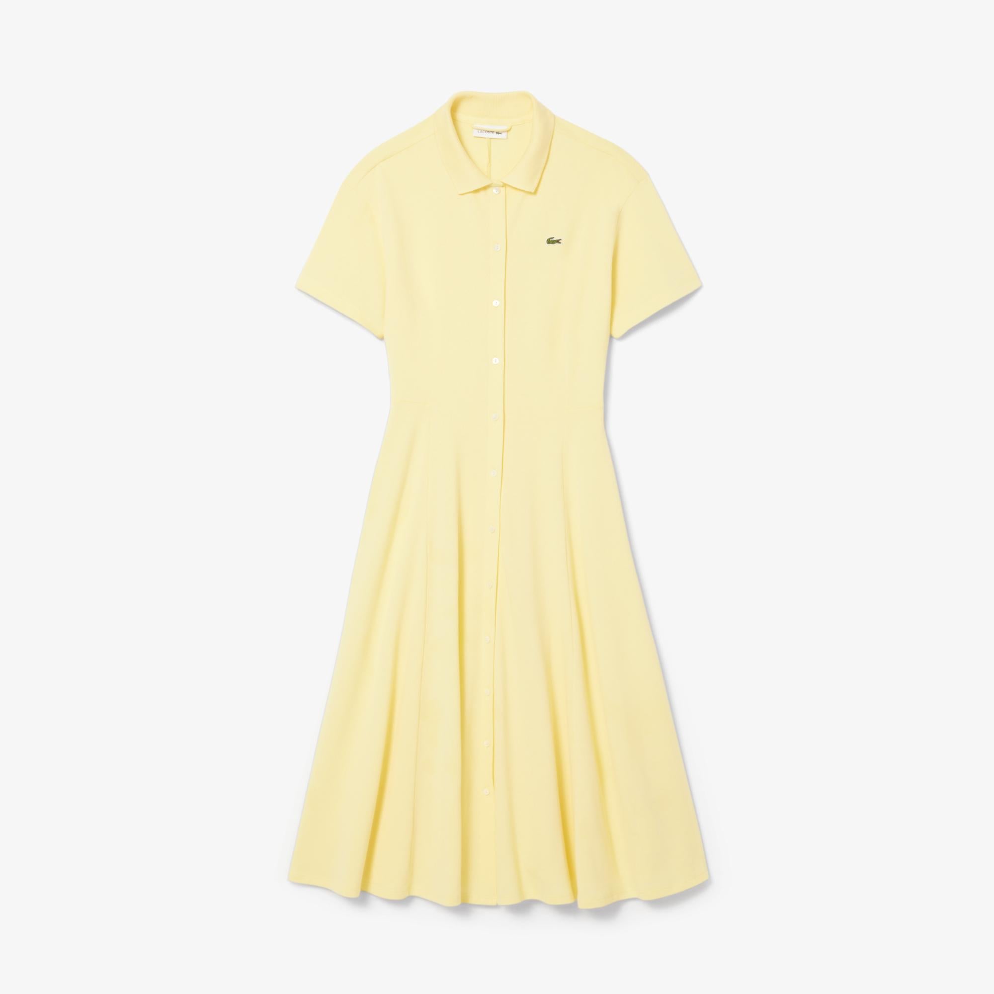Kadın Flare Fit Kısa Kollu Polo Yaka Sarı Elbise