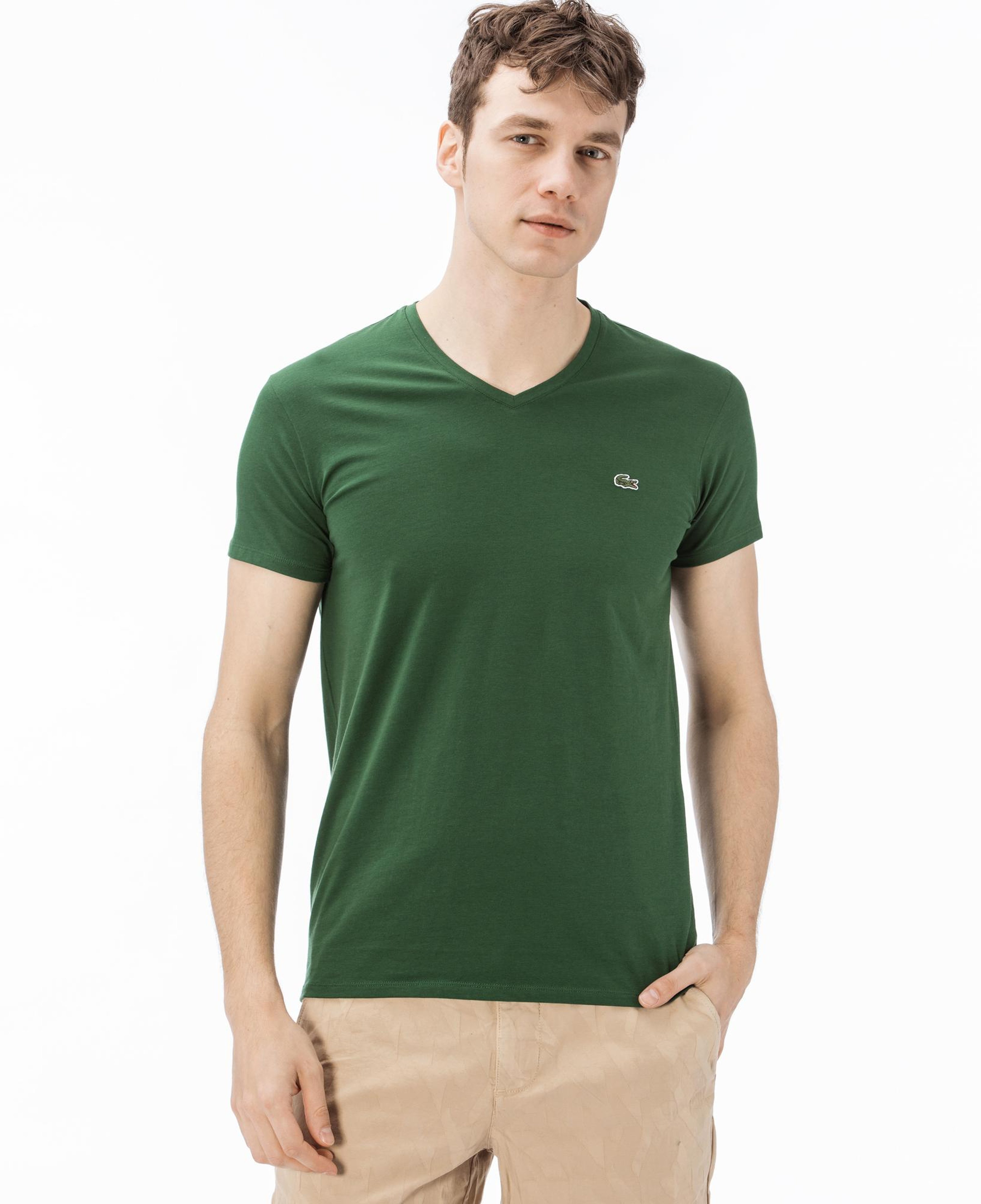 Erkek Slim Fit V yaka Yeşil T-Shirt