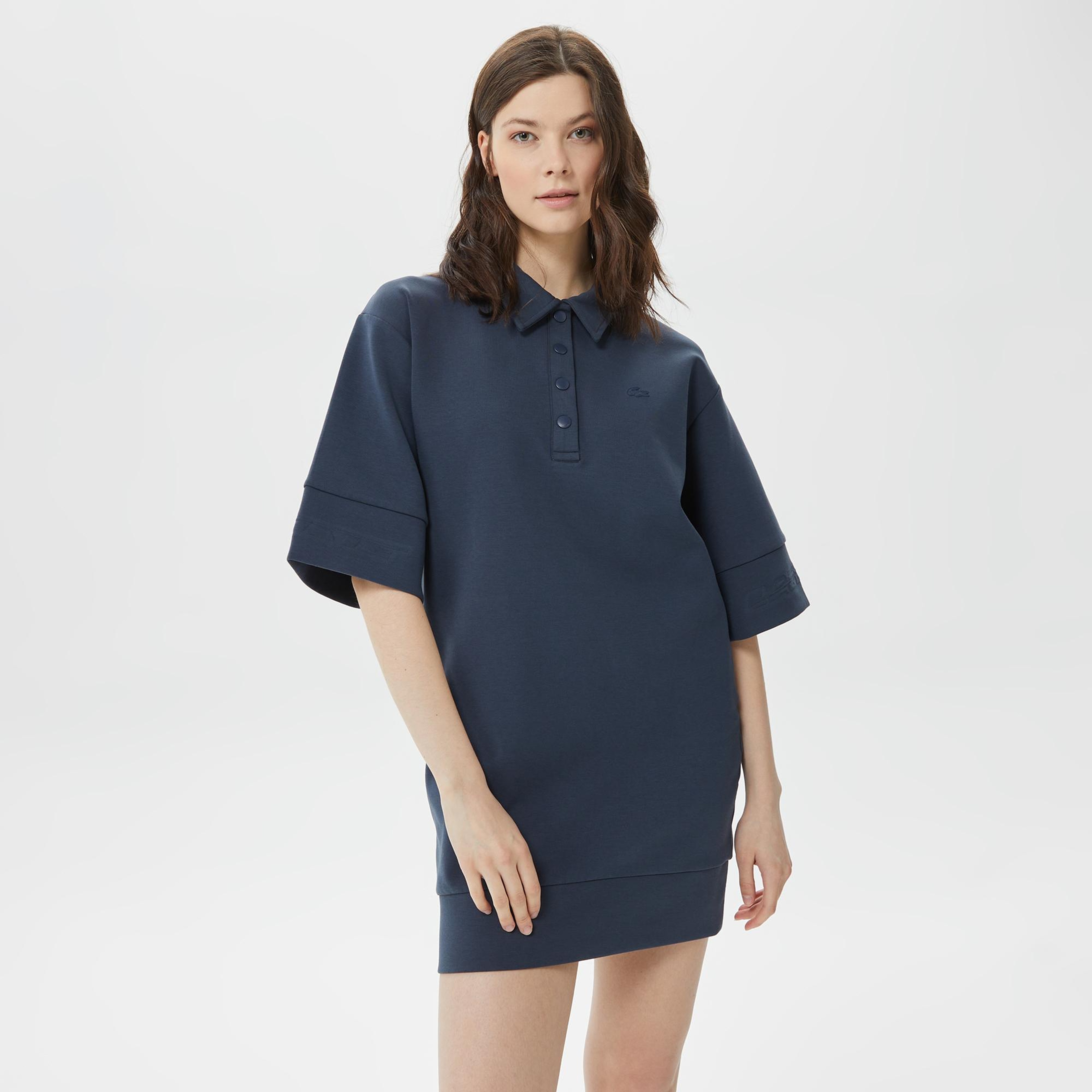 Kadın Loose Fit Kısa Kollu Polo Yaka Lacivert Elbise