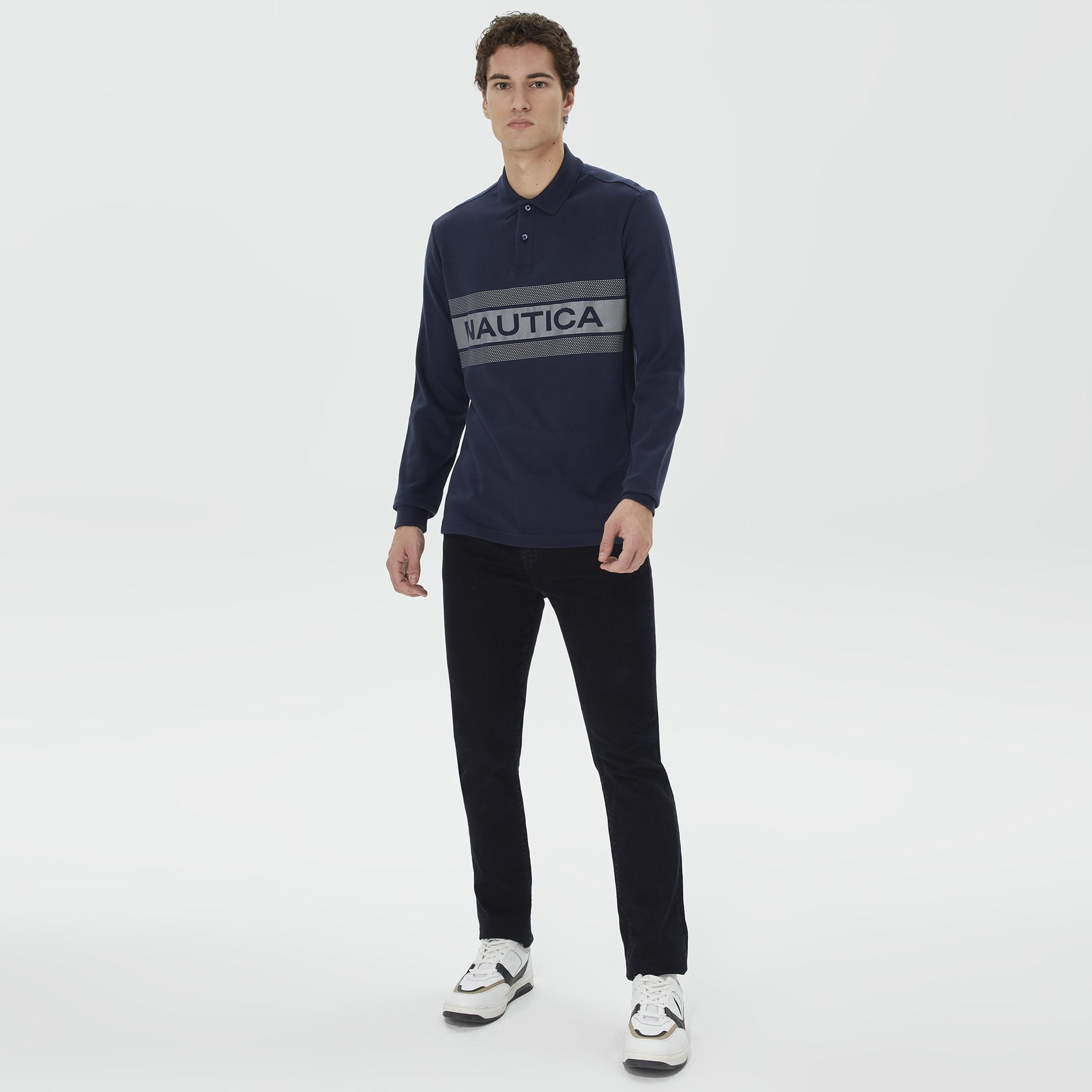 Nautica Erkek Lacivert Slim Fit Uzun Kollu Baskılı Polo Yaka T-Shirt