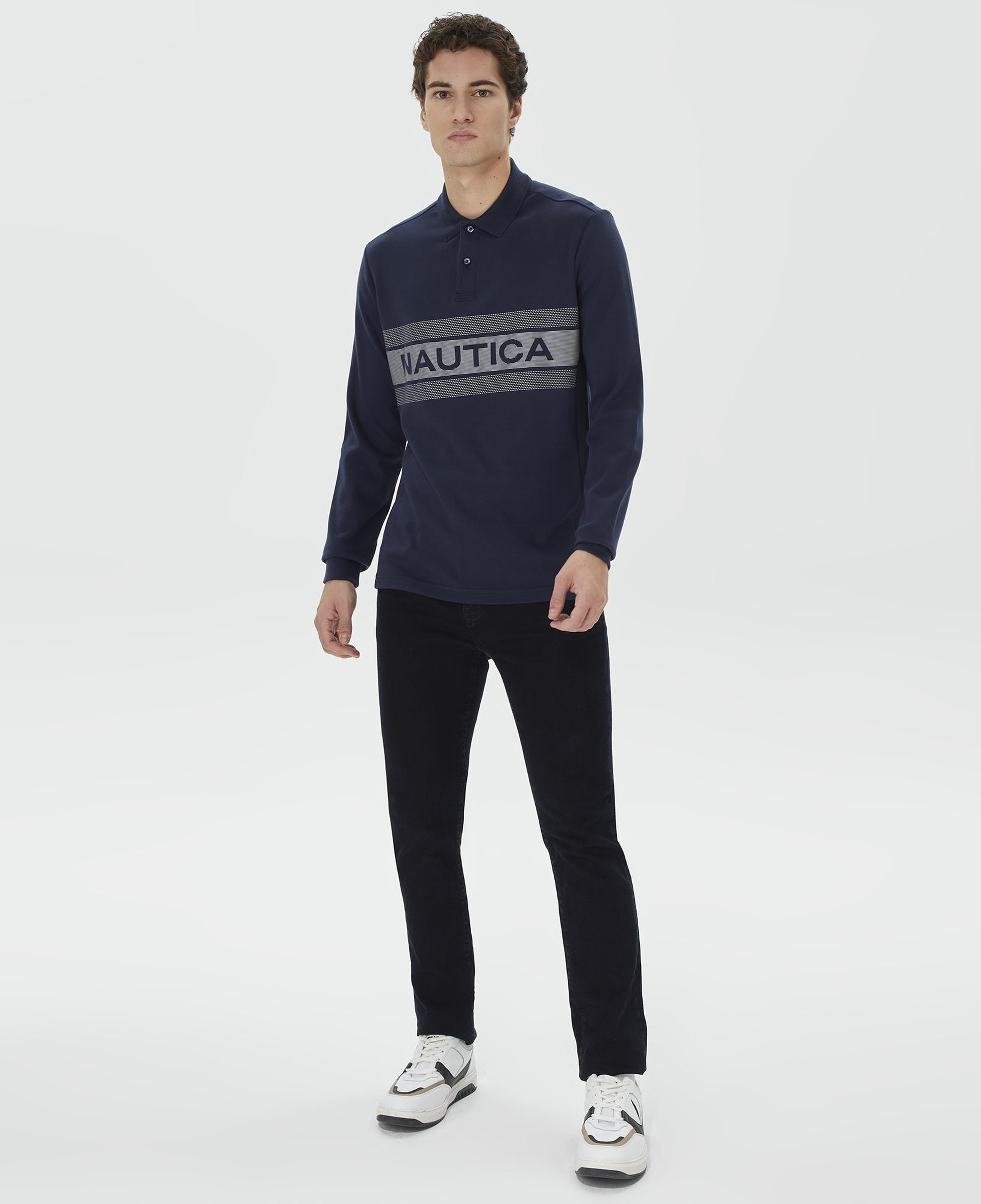 Nautica Erkek Lacivert Slim Fit Uzun Kollu Baskılı Polo Yaka T-Shirt
