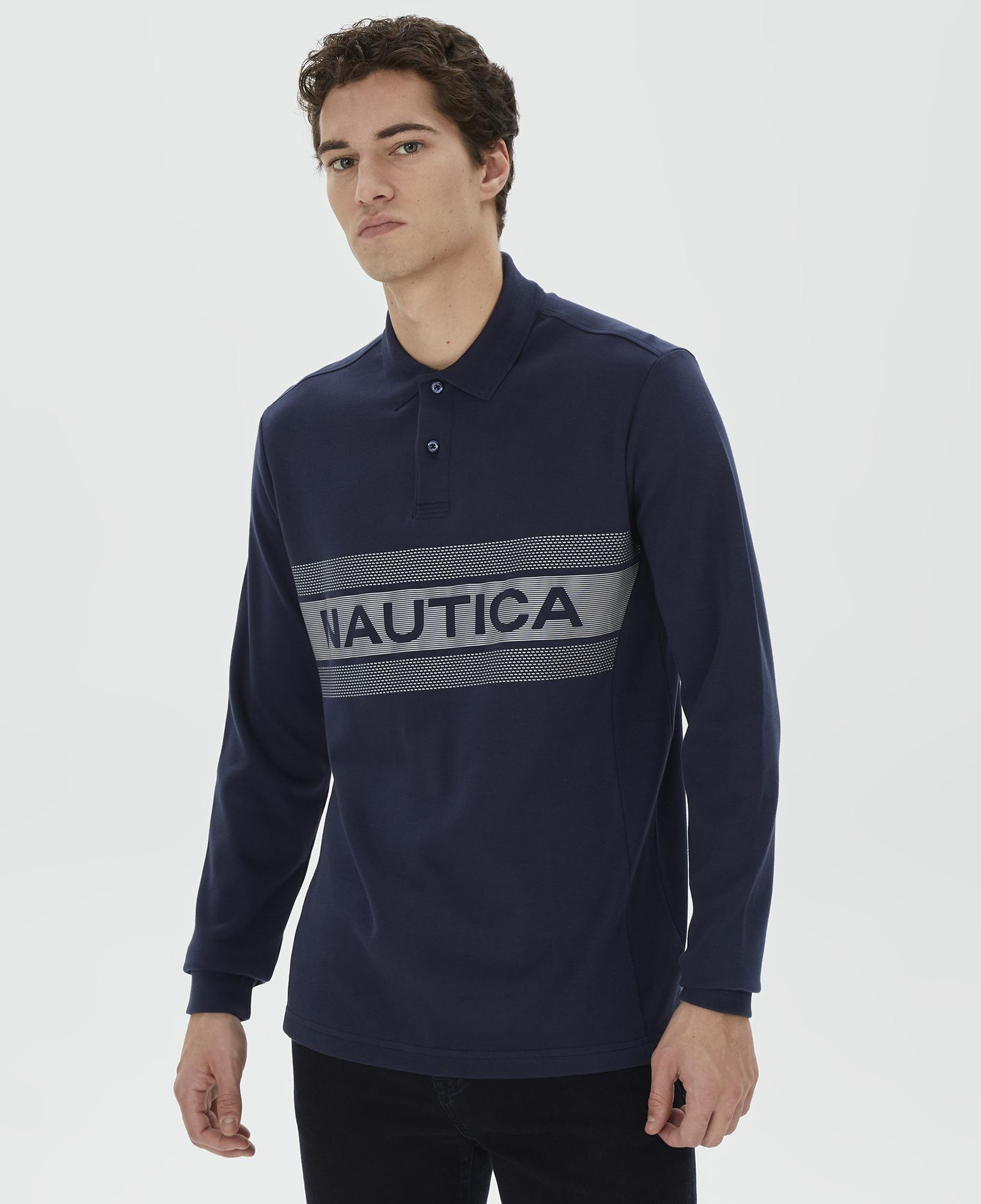Nautica Erkek Lacivert Slim Fit Uzun Kollu Baskılı Polo Yaka T-Shirt
