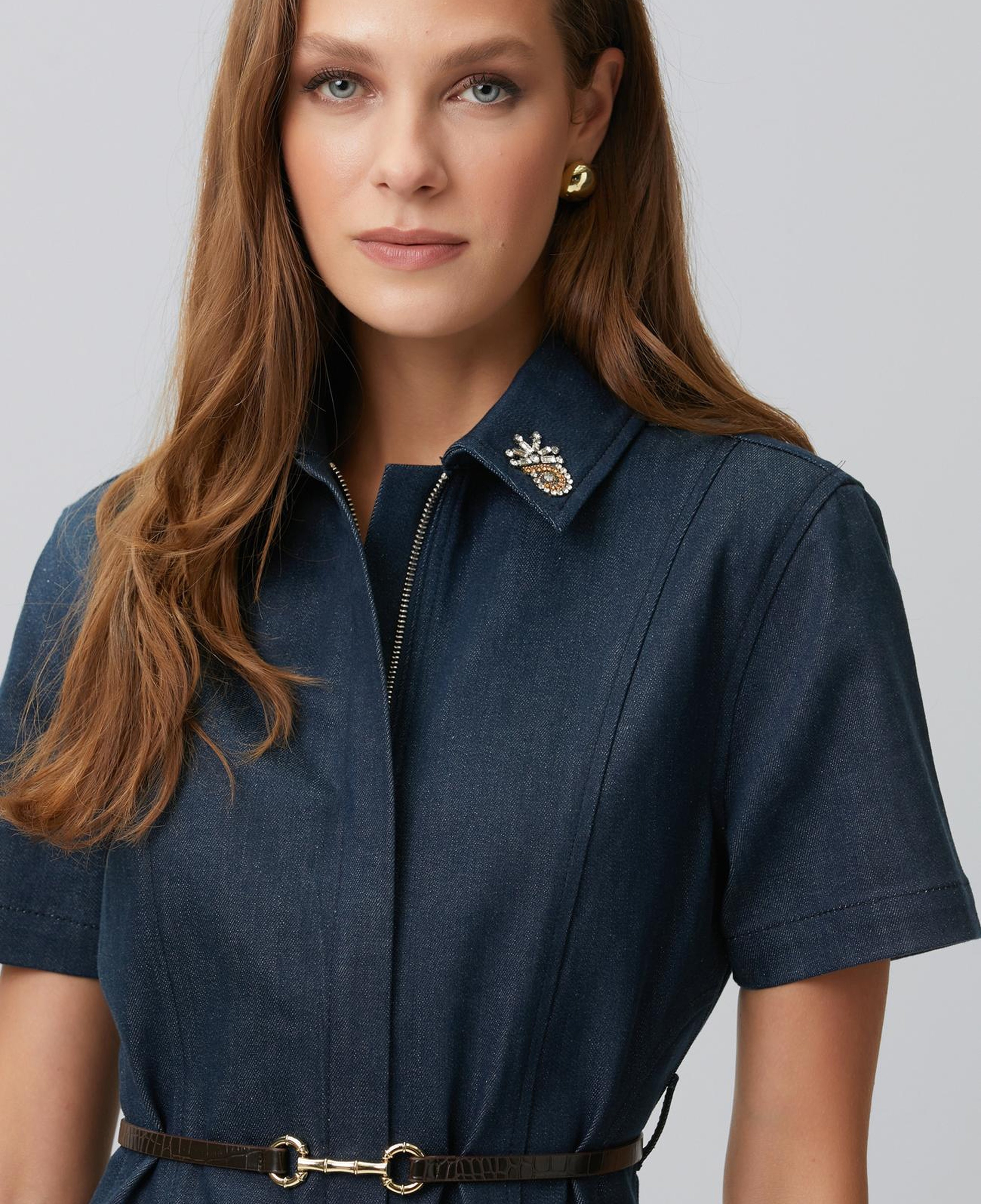Network Kadın Koyu Indigo Mavi Yaka Aksesuarlı Denim Elbise