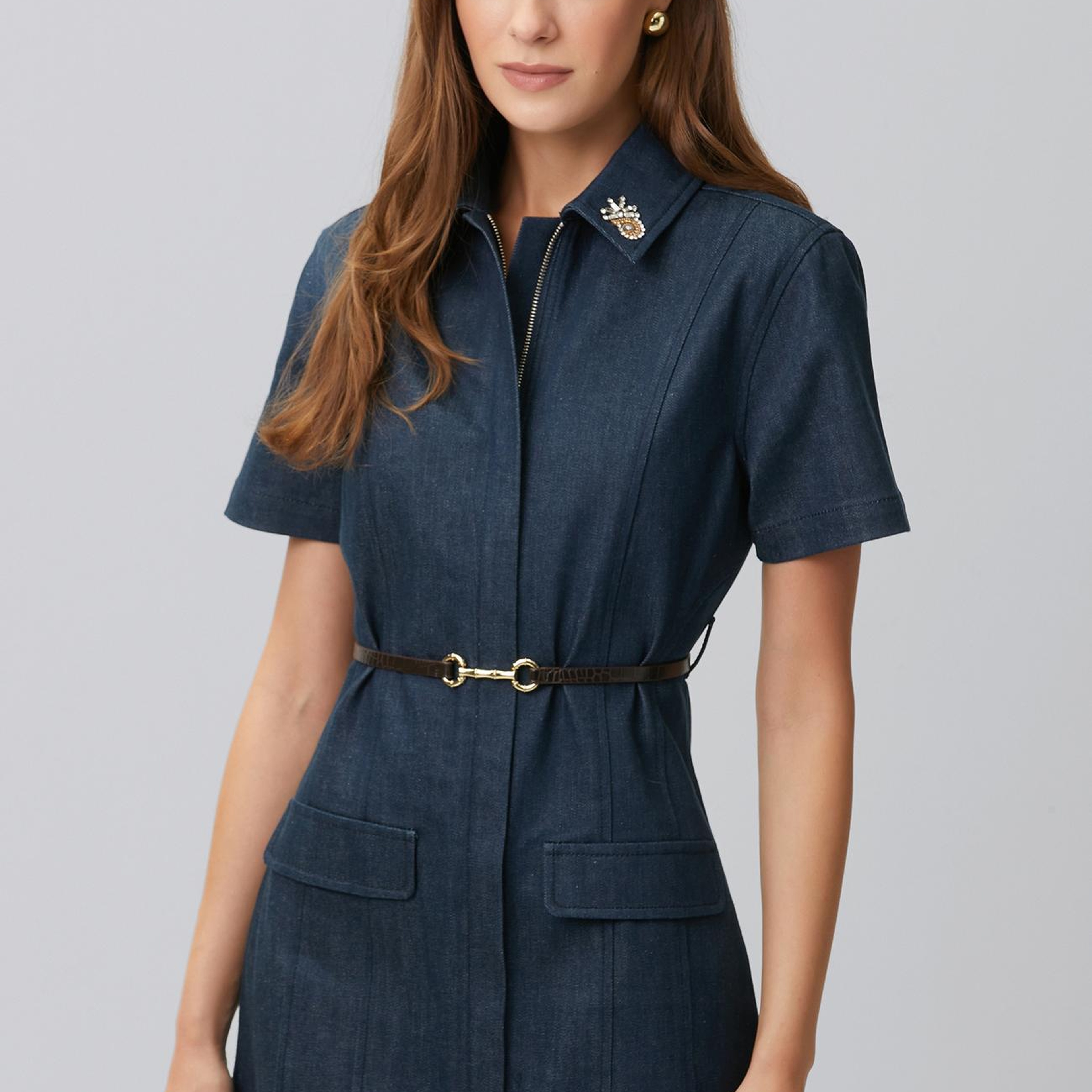 Network Kadın Koyu Indigo Mavi Yaka Aksesuarlı Denim Elbise