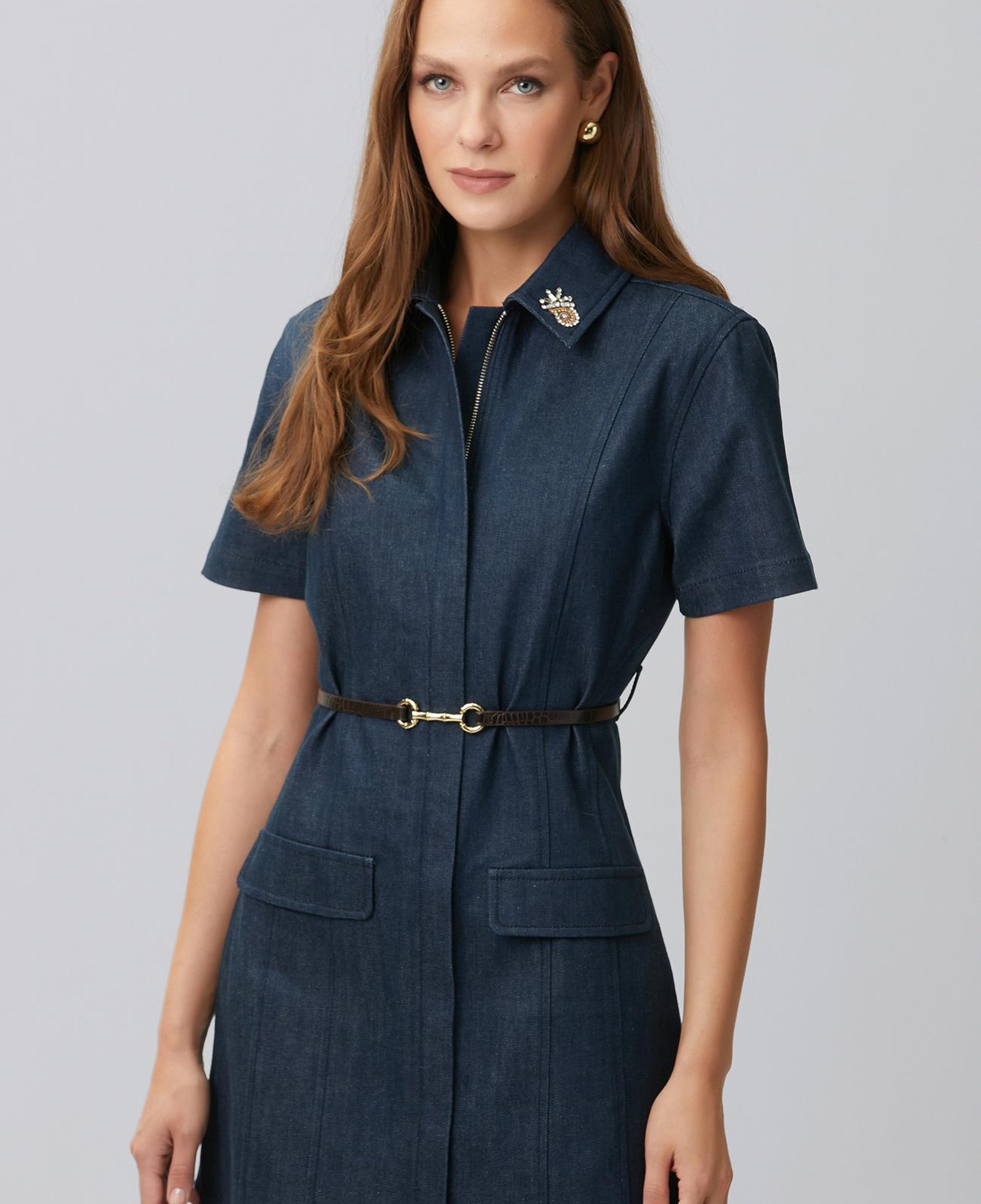 Network Kadın Koyu Indigo Mavi Yaka Aksesuarlı Denim Elbise