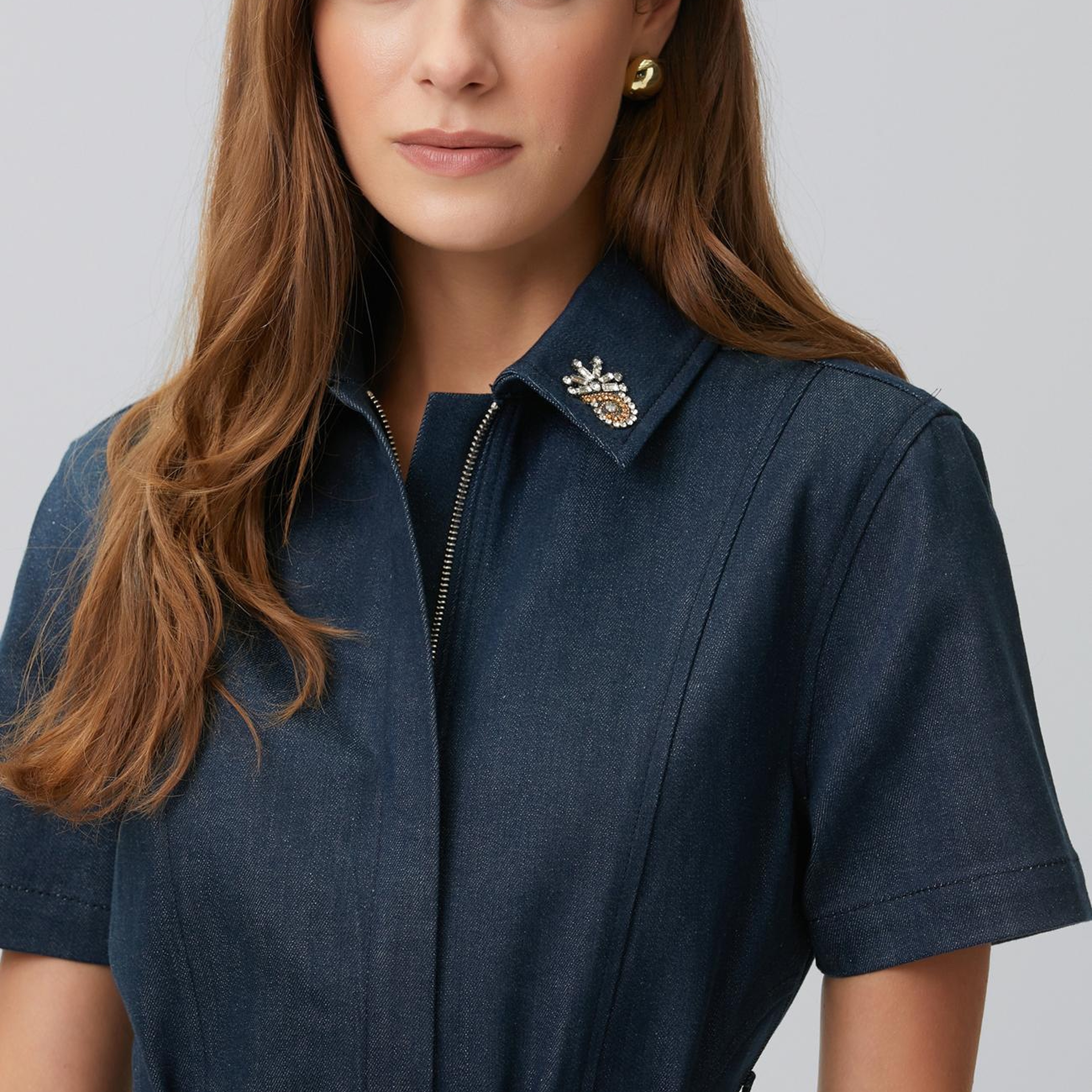 Network Kadın Koyu Indigo Mavi Yaka Aksesuarlı Denim Elbise