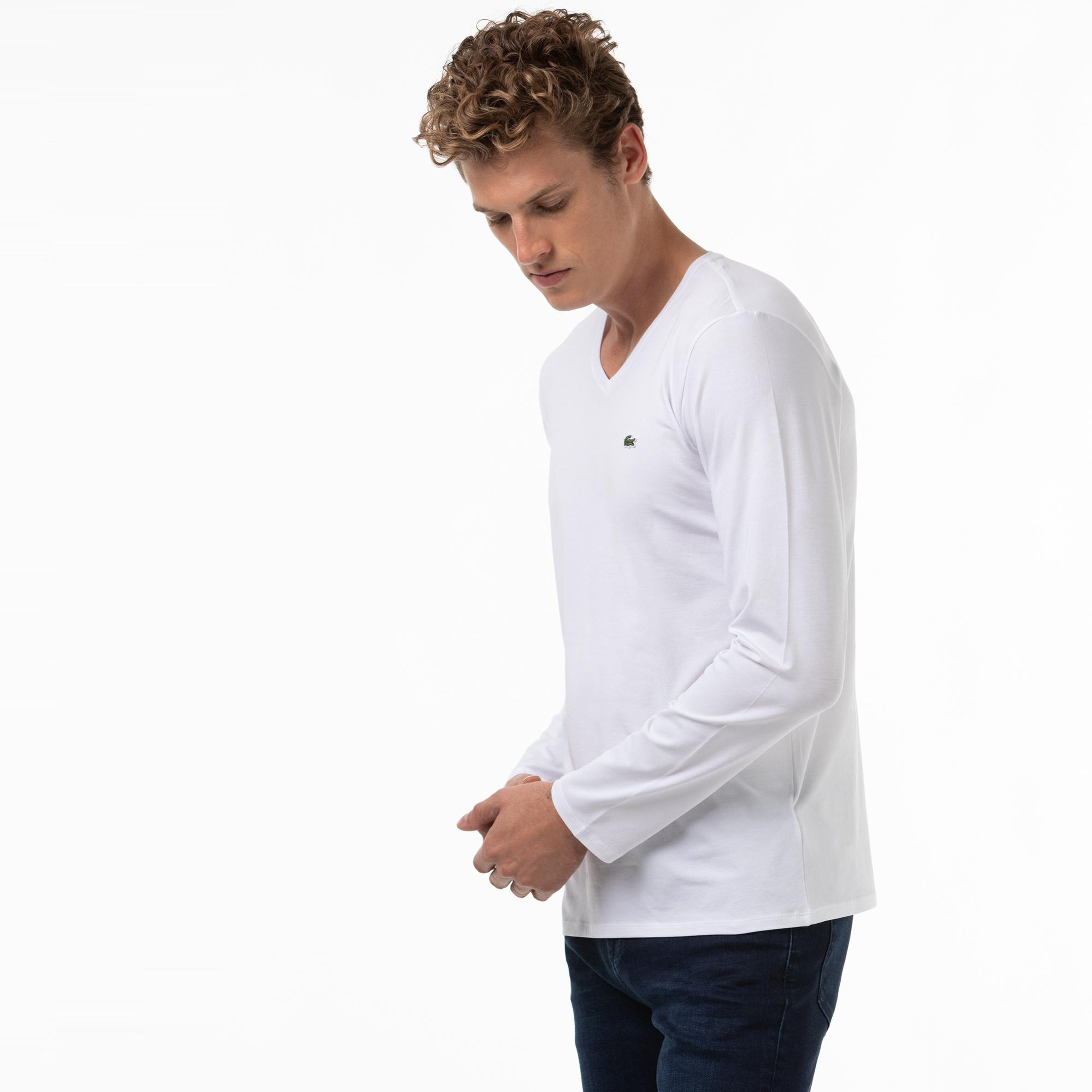 Lacoste Erkek Regular Fit Uzun Kollu V Yaka Beyaz T-Shirt