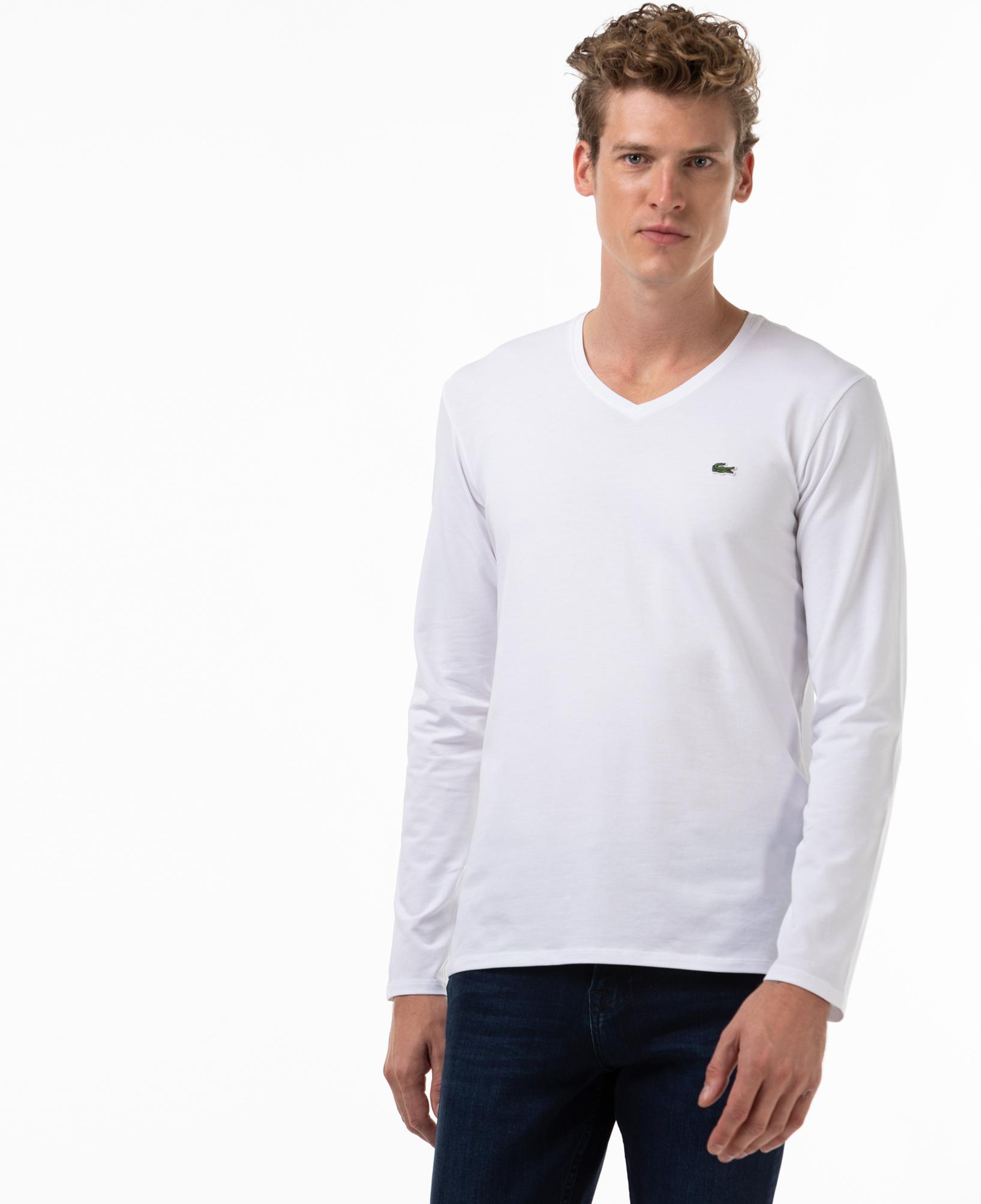 Lacoste Erkek Regular Fit Uzun Kollu V Yaka Beyaz T-Shirt