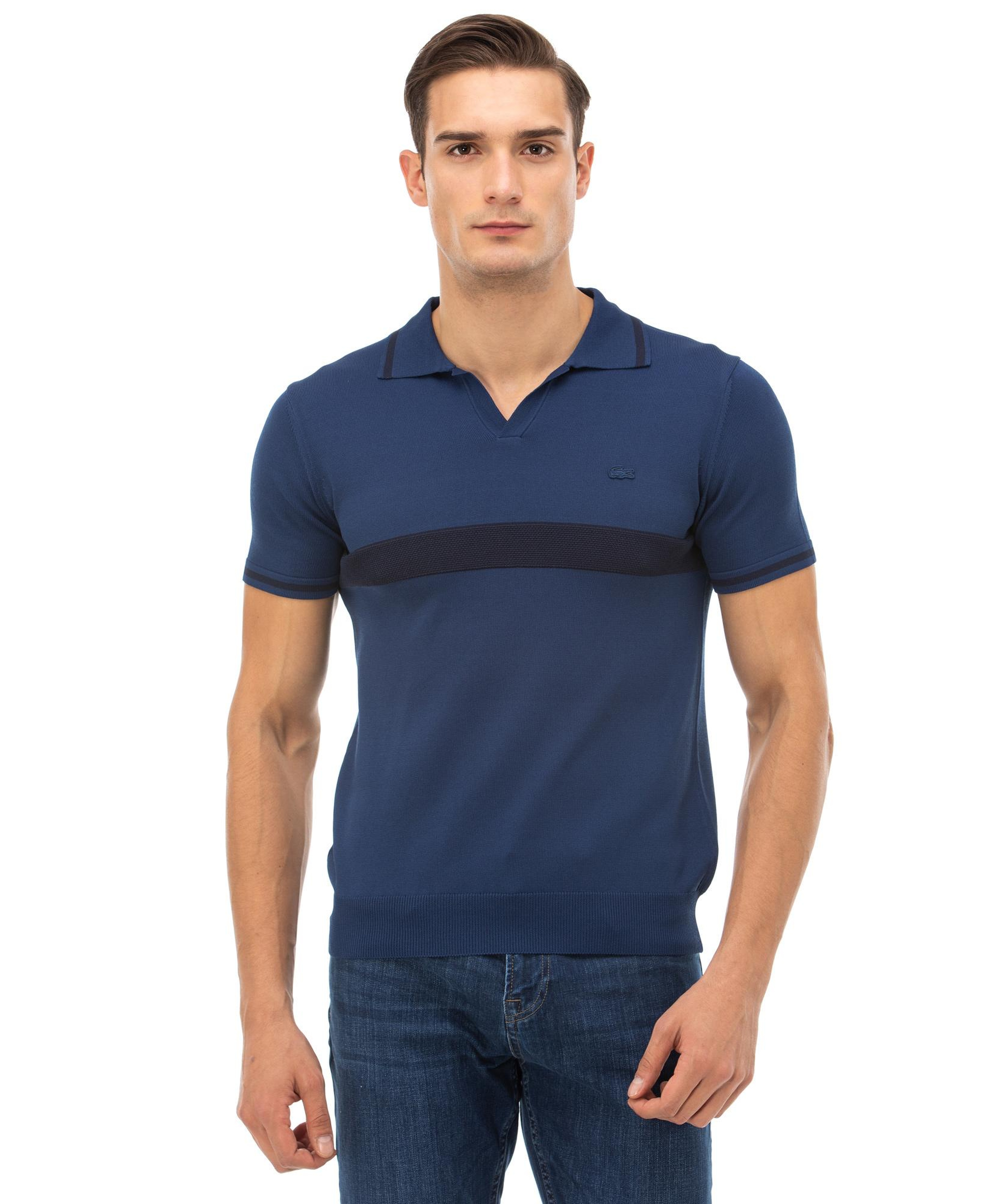 Lacoste Erkek Blok Desenli Kısa Kollu Saks Mavi Triko