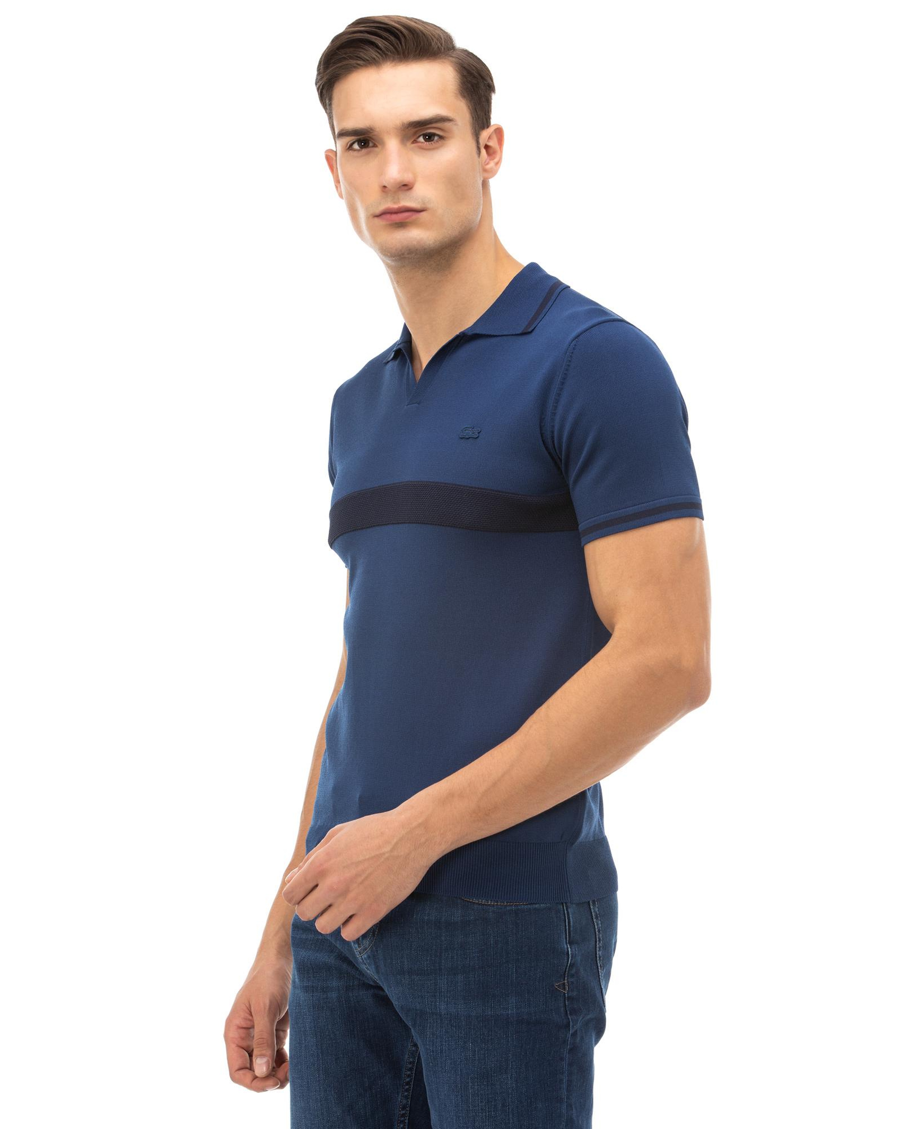 Lacoste Erkek Blok Desenli Kısa Kollu Saks Mavi Triko