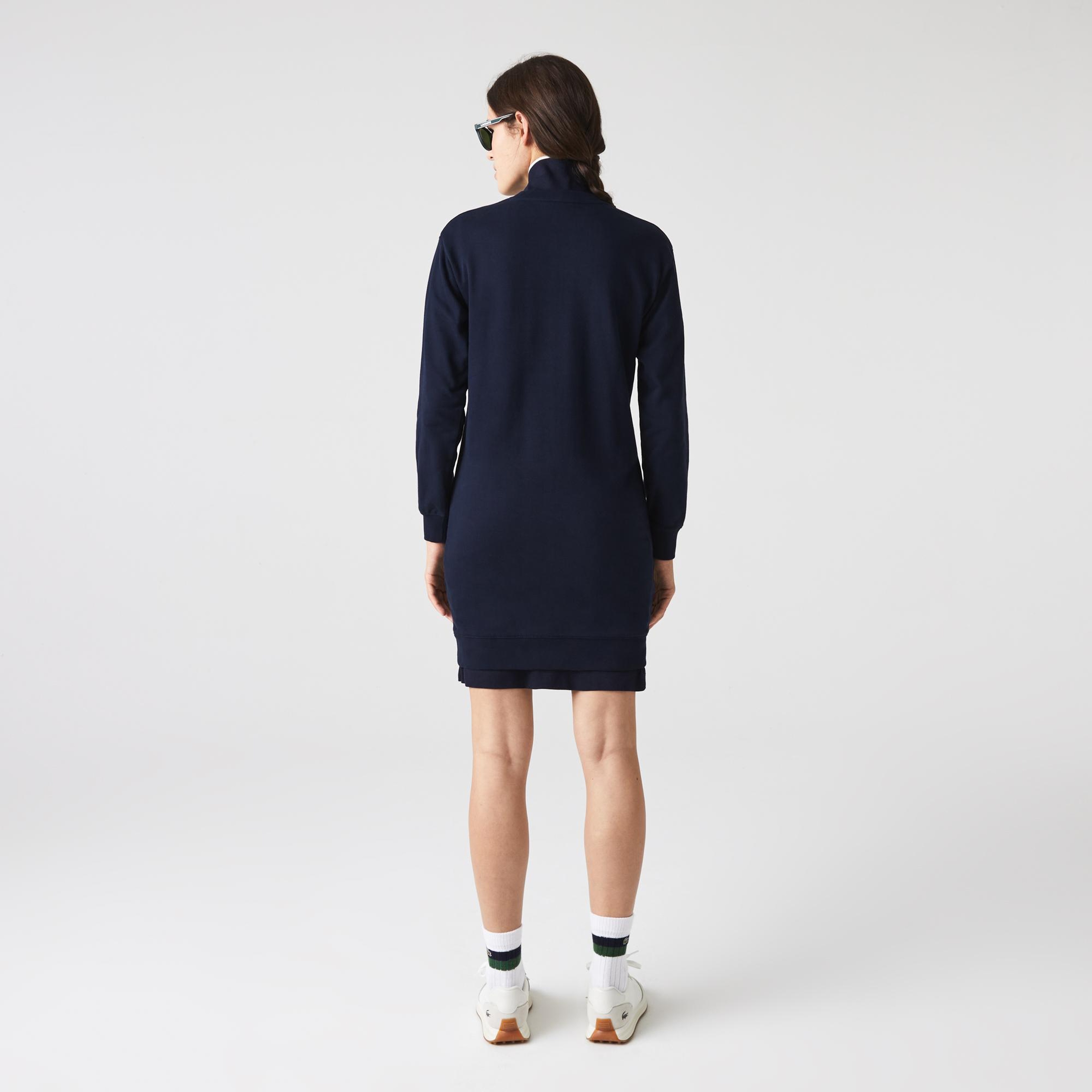 Lacoste Kadın Loose Fit Uzun Kollu Bisiklet Yaka Desenli Lacivert Elbise