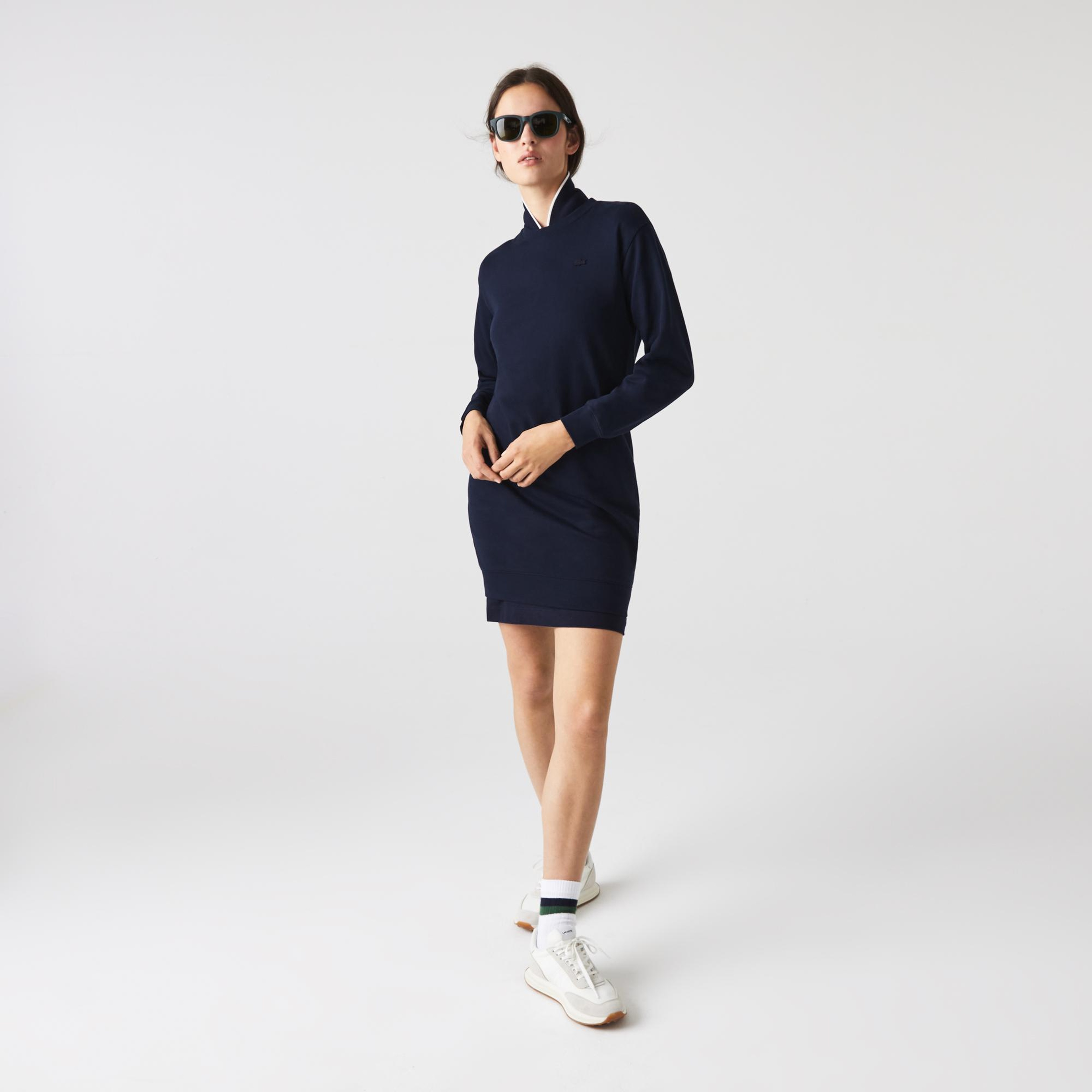 Lacoste Kadın Loose Fit Uzun Kollu Bisiklet Yaka Desenli Lacivert Elbise