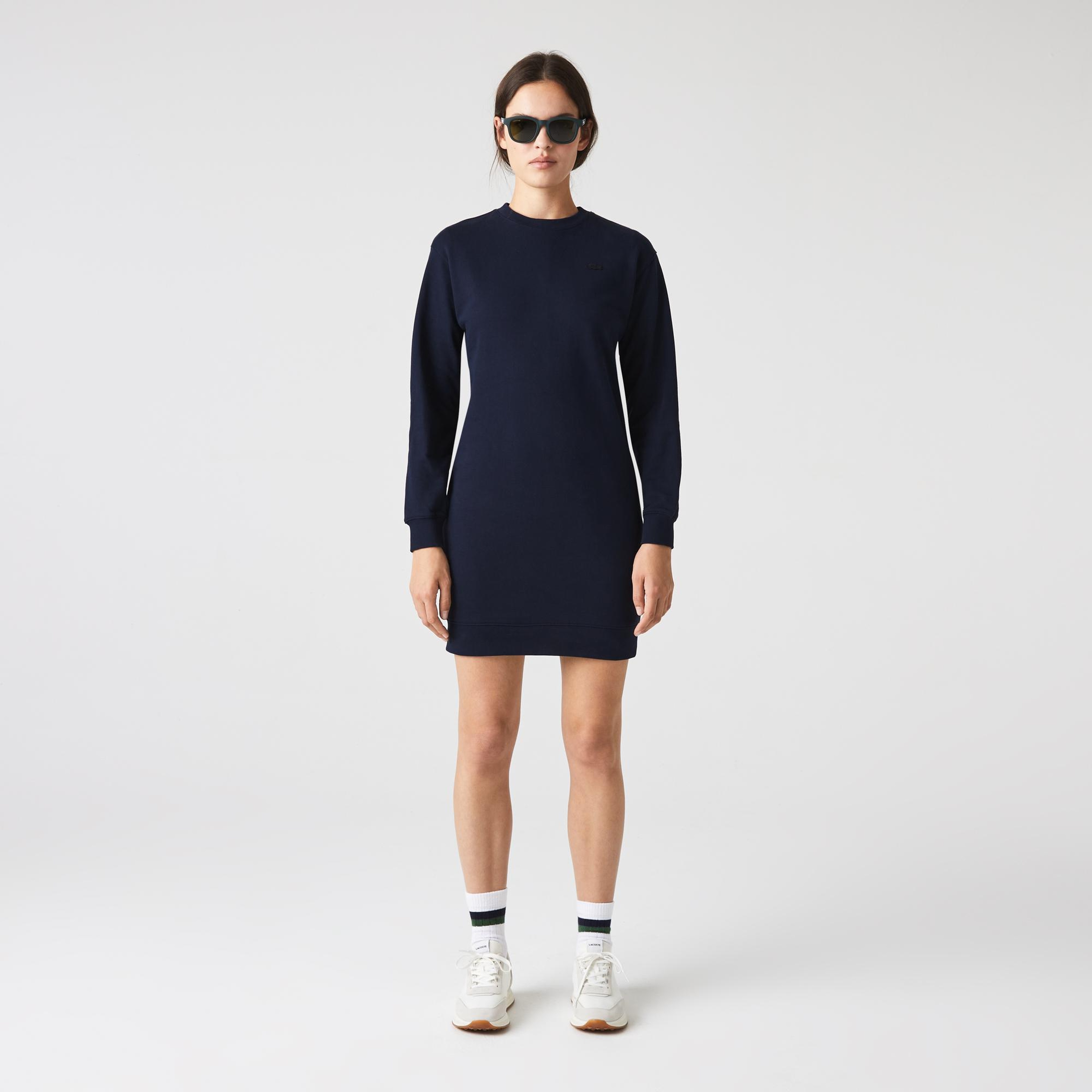Lacoste Kadın Loose Fit Uzun Kollu Bisiklet Yaka Desenli Lacivert Elbise