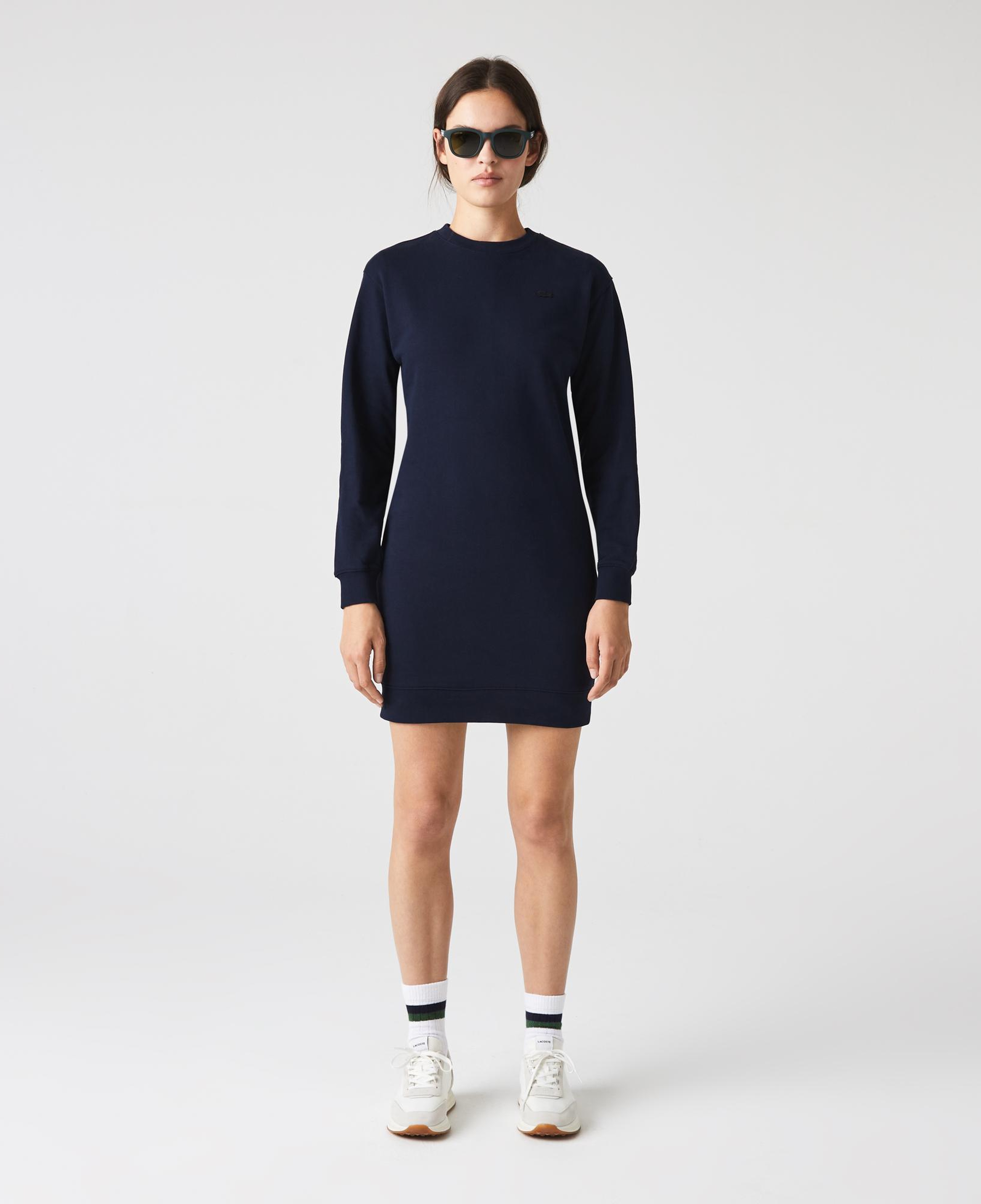 Lacoste Kadın Loose Fit Uzun Kollu Bisiklet Yaka Desenli Lacivert Elbise