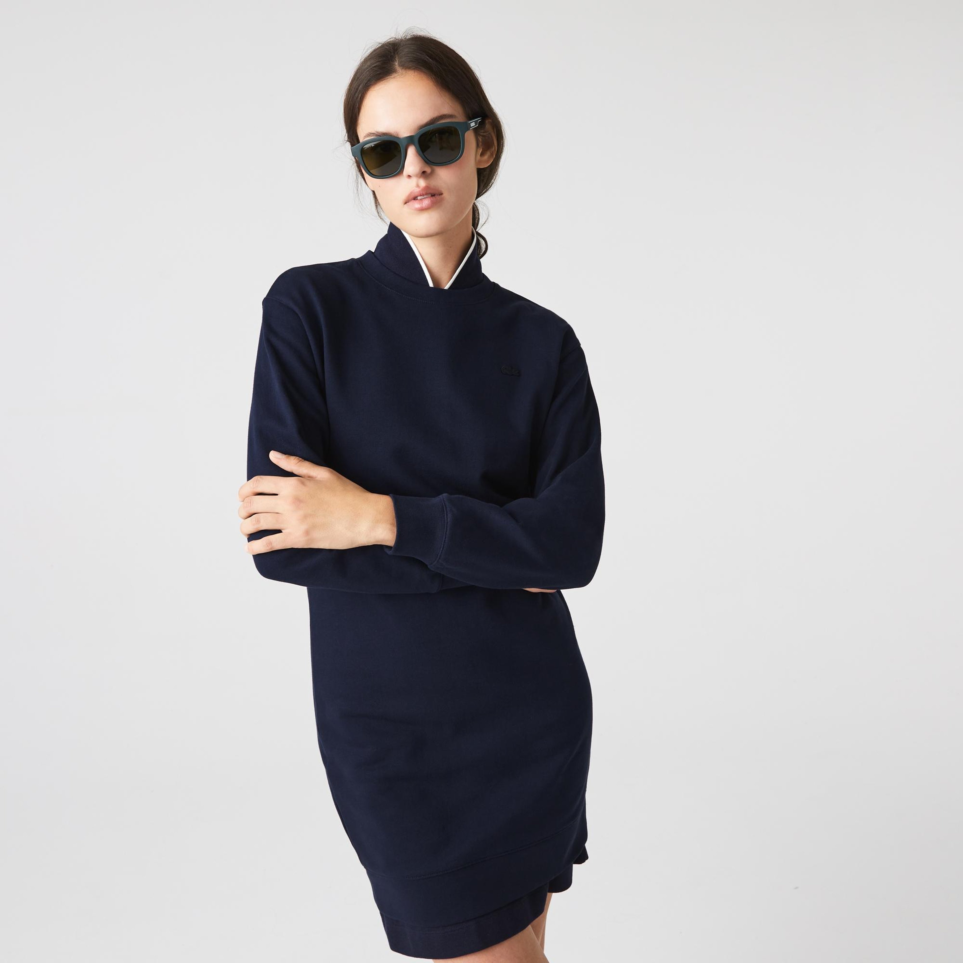 Lacoste Kadın Loose Fit Uzun Kollu Bisiklet Yaka Desenli Lacivert Elbise