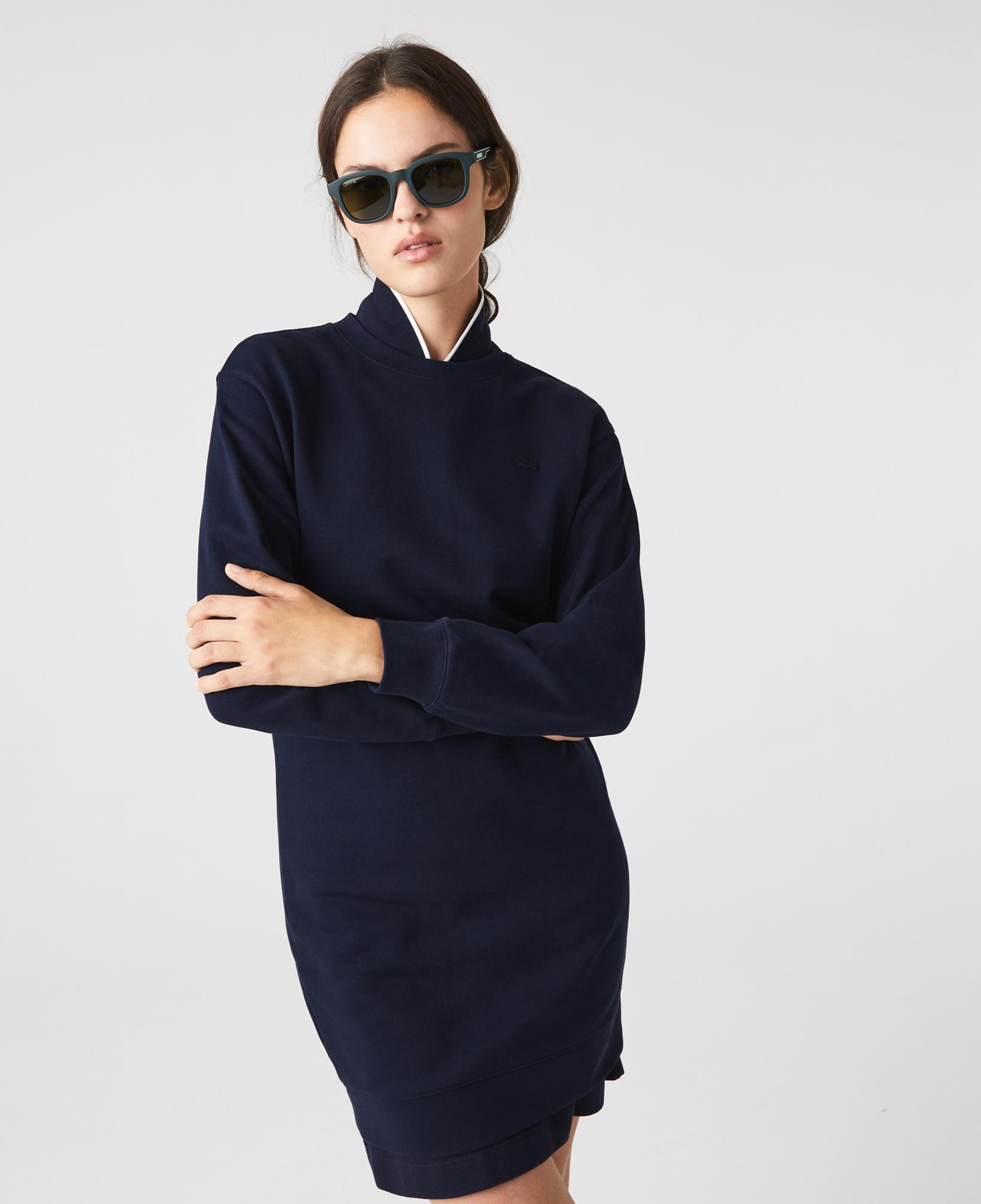 Lacoste Kadın Loose Fit Uzun Kollu Bisiklet Yaka Desenli Lacivert Elbise