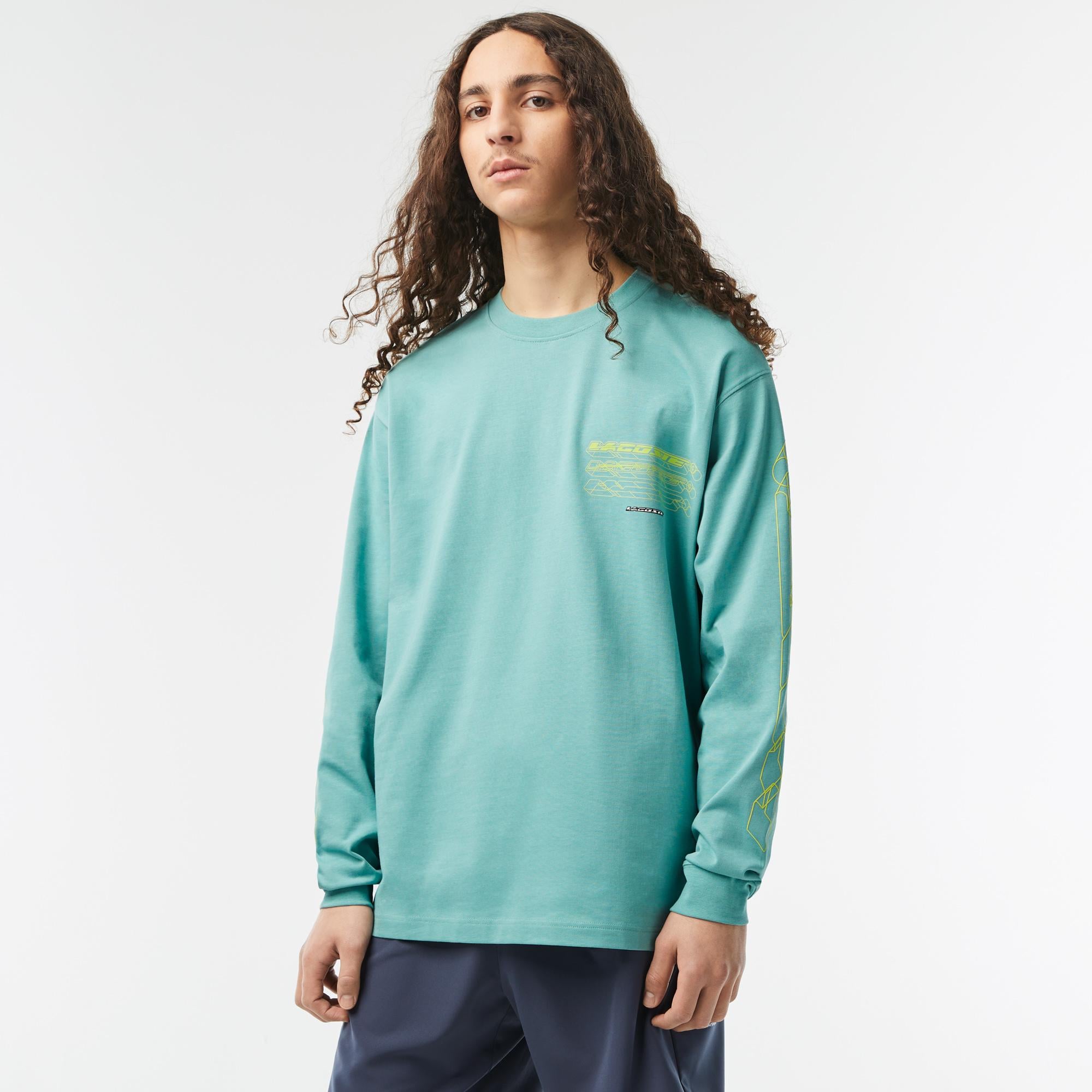 Erkek Loose Fit Uzun Kollu Bisiklet Yaka Yeşil T-Shirt