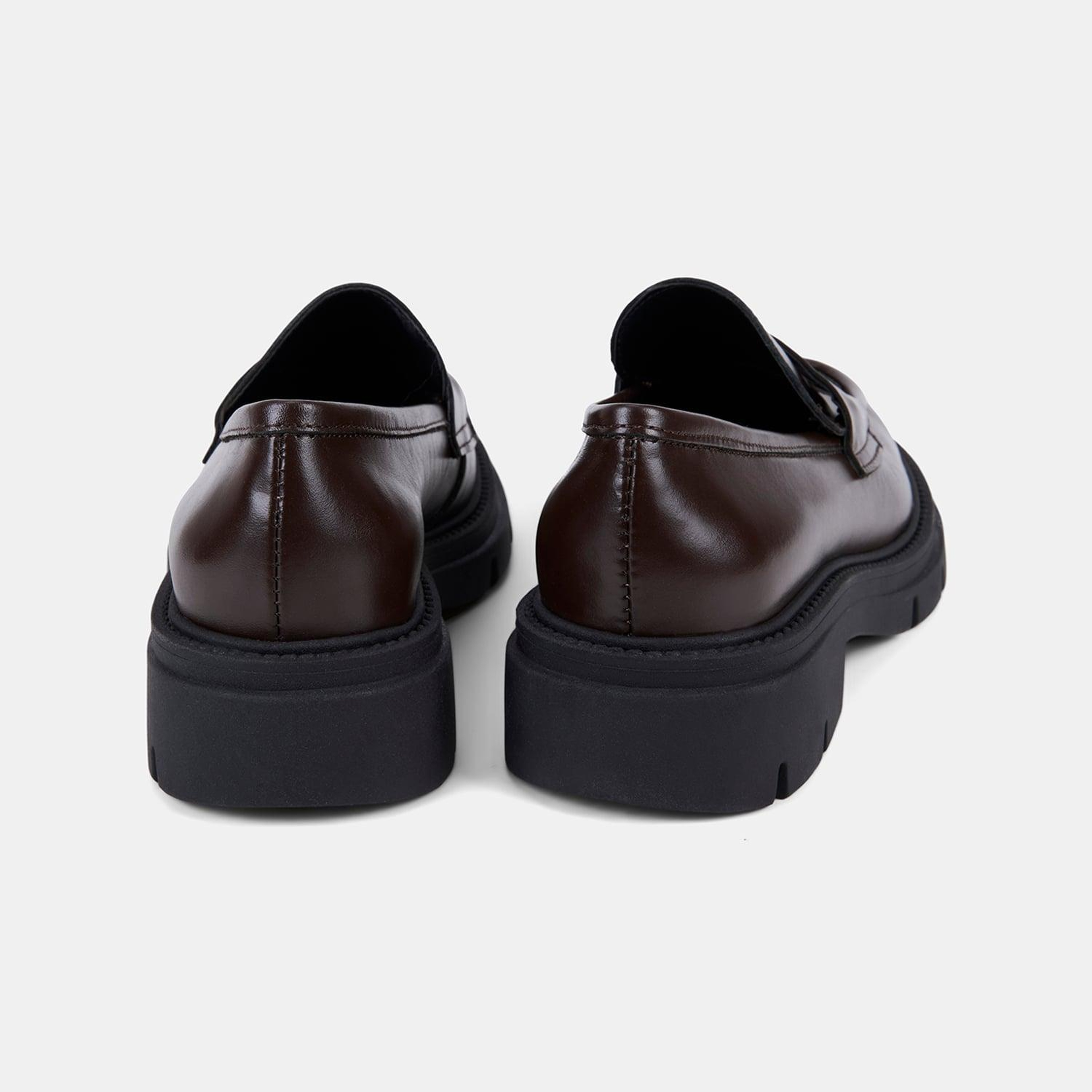 Kadın Acı Kahve Kalın Dişli Tabanlı Klasik Deri Loafer