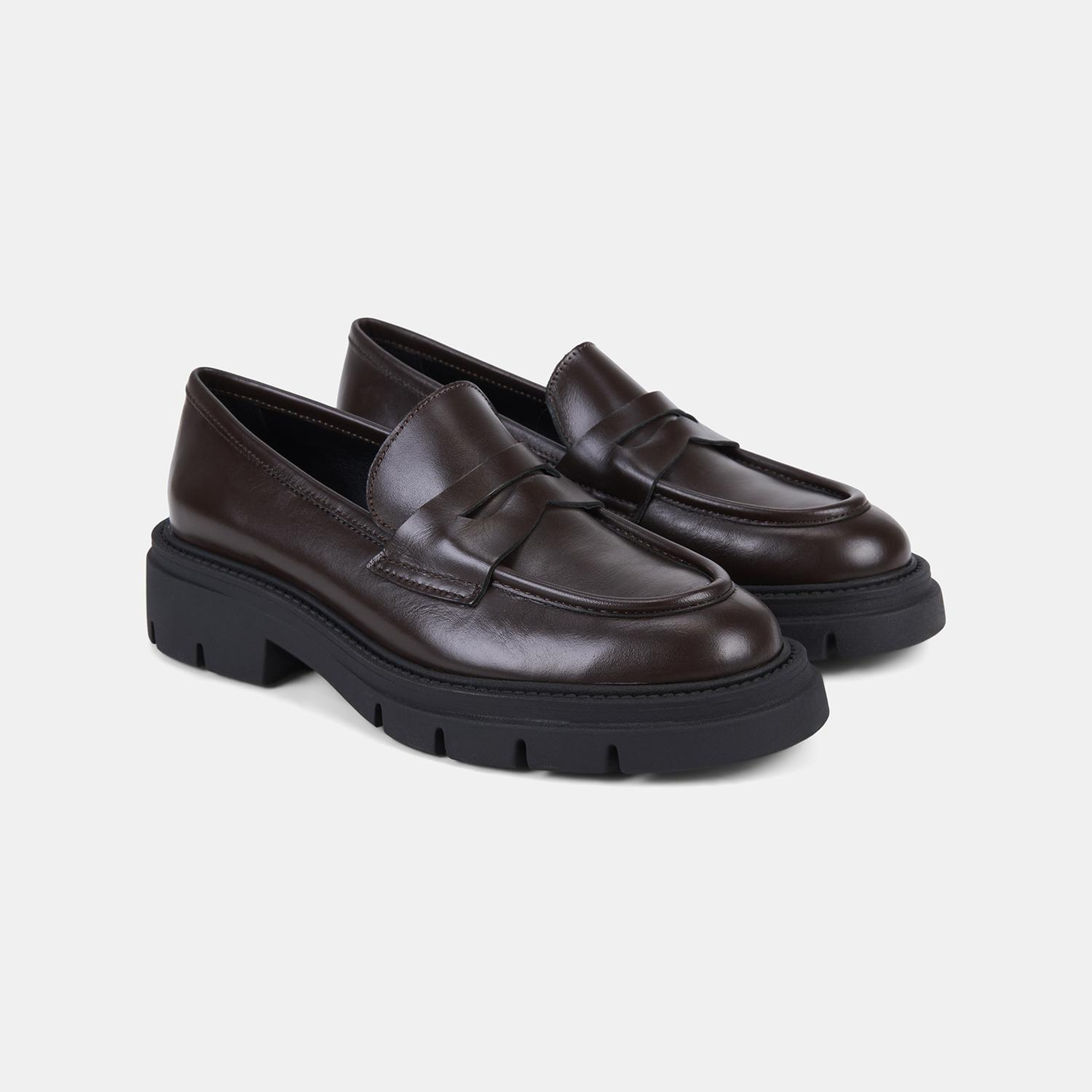 Kadın Acı Kahve Kalın Dişli Tabanlı Klasik Deri Loafer