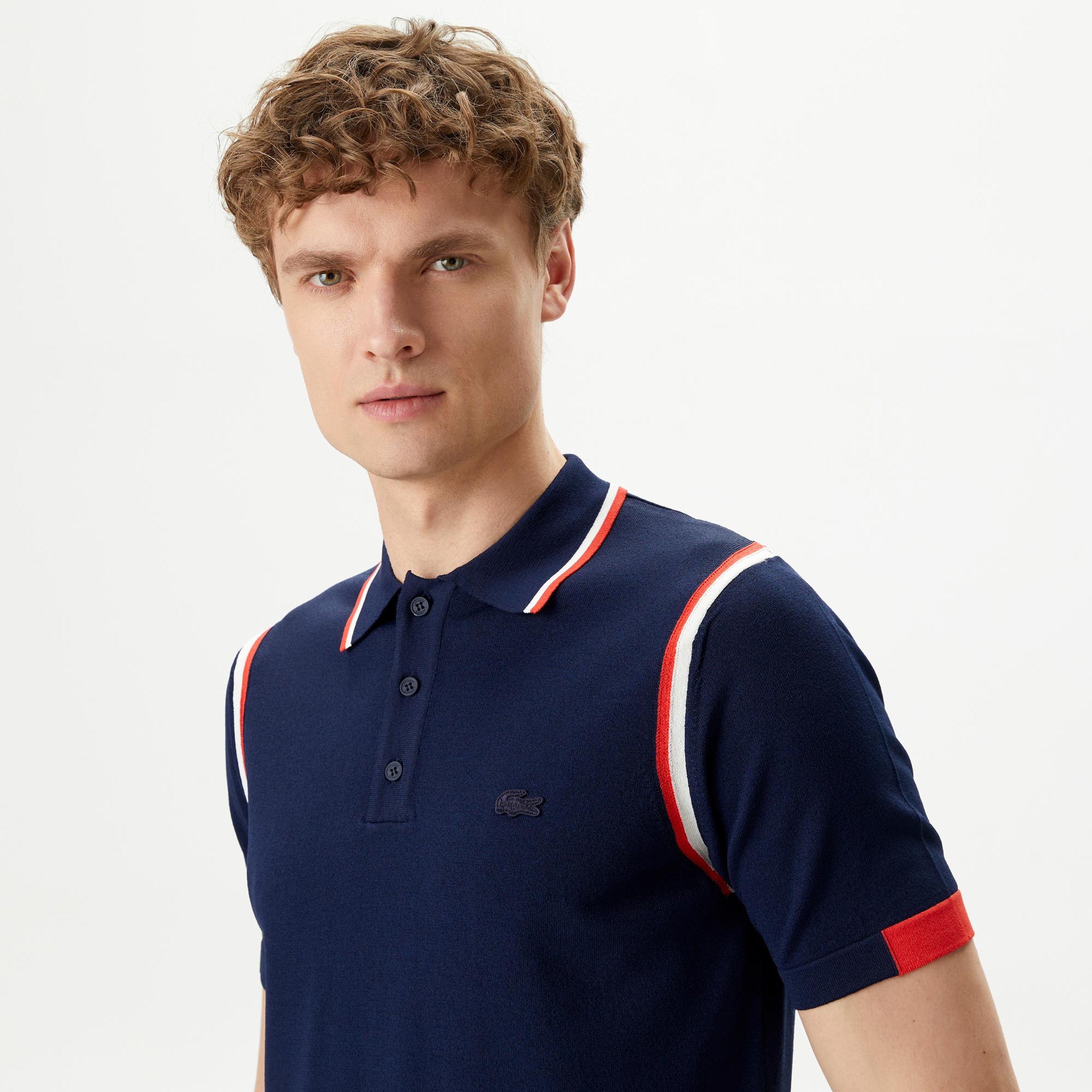 Erkek Regular Fit Polo Yaka Renk Bloklu Lacivert Triko
